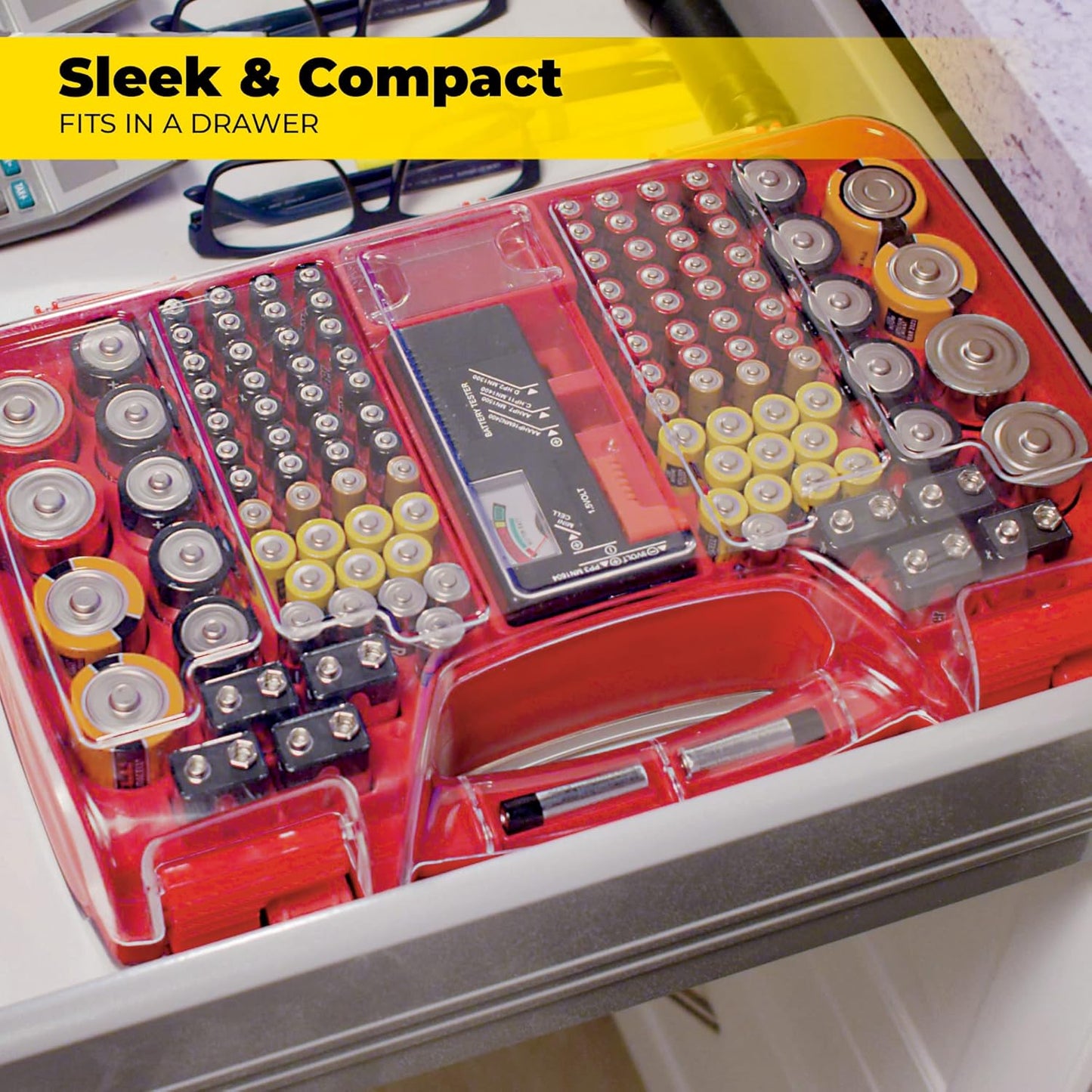 Ontel Battery Daddy Storage & Organizer Case with Tester, Stores & Protects Up to 180 Batteries, Double-Sided, Durable Design with Clear Locking Lid, Secure Latches & Portable Carrying Handle