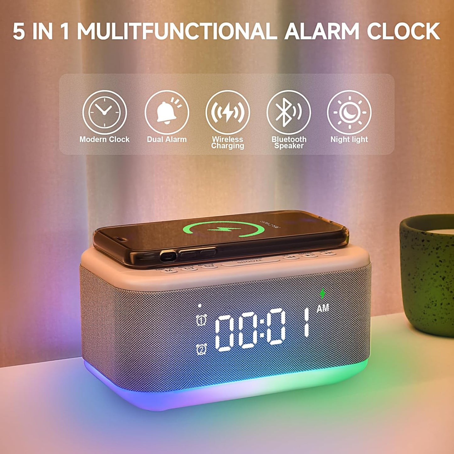 Alarm Clock Speaker Wireless Charger, Digital Alarm Clocks Bedrooms Bluetooth, Alarm Clock Dimmable Light Bedrooms Dual Alarm Snooze Dimmer 12 24H RGB Night Light Bluetooth USB AUX, White