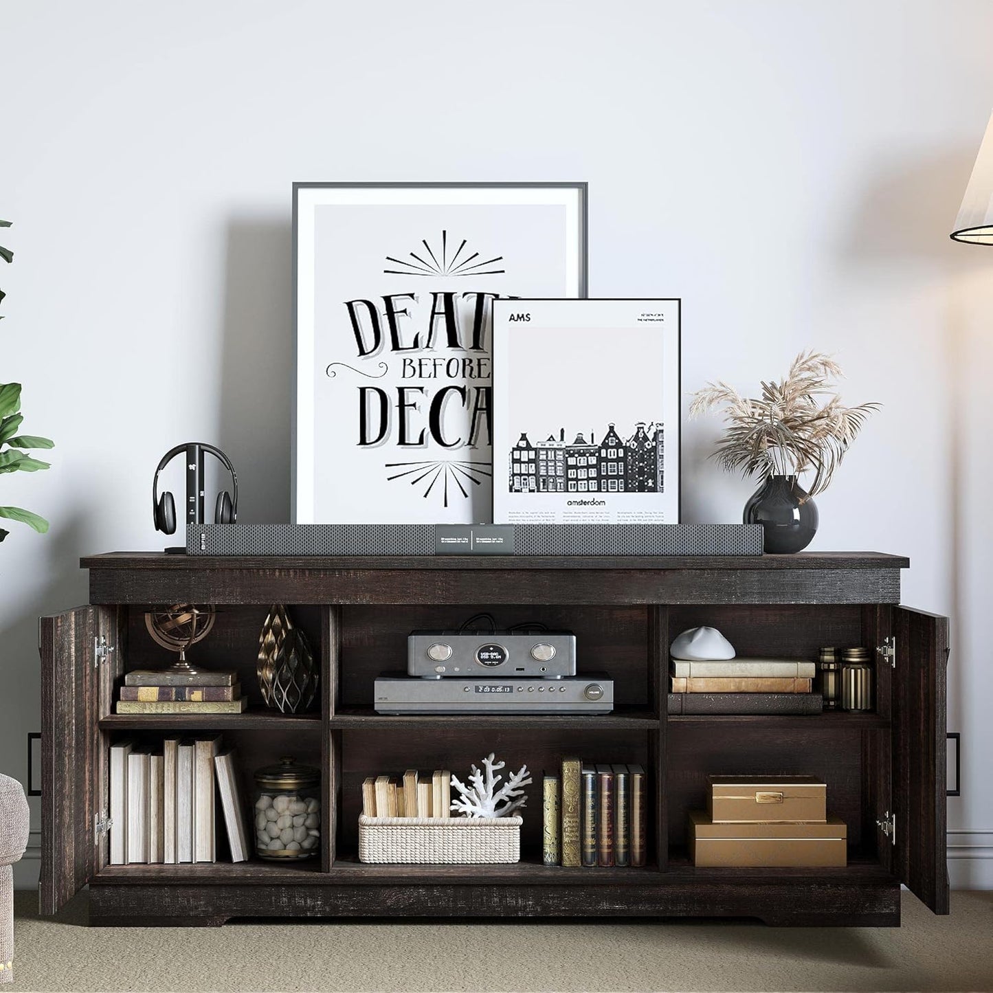 YITAHOME TV Console for 65 Inch TV, Farmhouse TV Stand with Double Barn Doors and Storage Cabinets, Mid Century Modern Media Console Table TV Cabinet for Living Room, 59 Inches, Grey White/Espresso