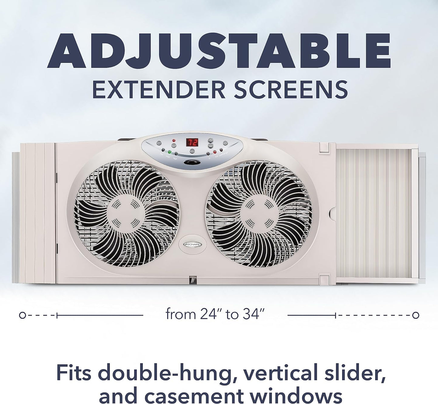 NEW - BIONAIRE Premium Digital 8.5" Twin Window Fan, Reversible Airflow Control, Exhaust and Intake, 3 Speeds, Extender Panels, Programmable Thermostat, LED Temperature Display, Remote Control, Light Grey - Retail $55