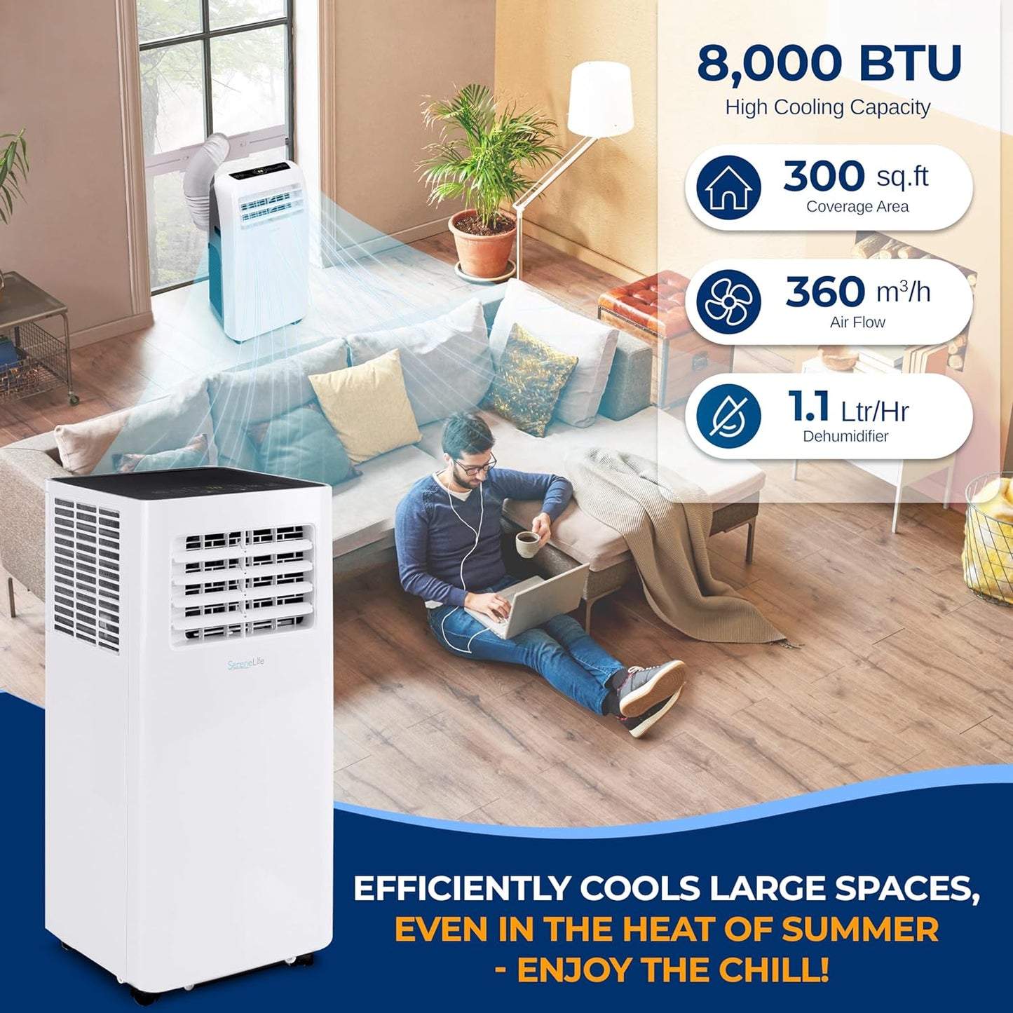 NEW - SereneLife Portable Air Conditioner & Dehumidifier - 8,000 BTU Wi-Fi Enabled Indoor AC, Pulls 1.1 liters Moisture Per Hour for Fast Cools Up to 300 Sq Ft - SLPAC805W - Retail $399