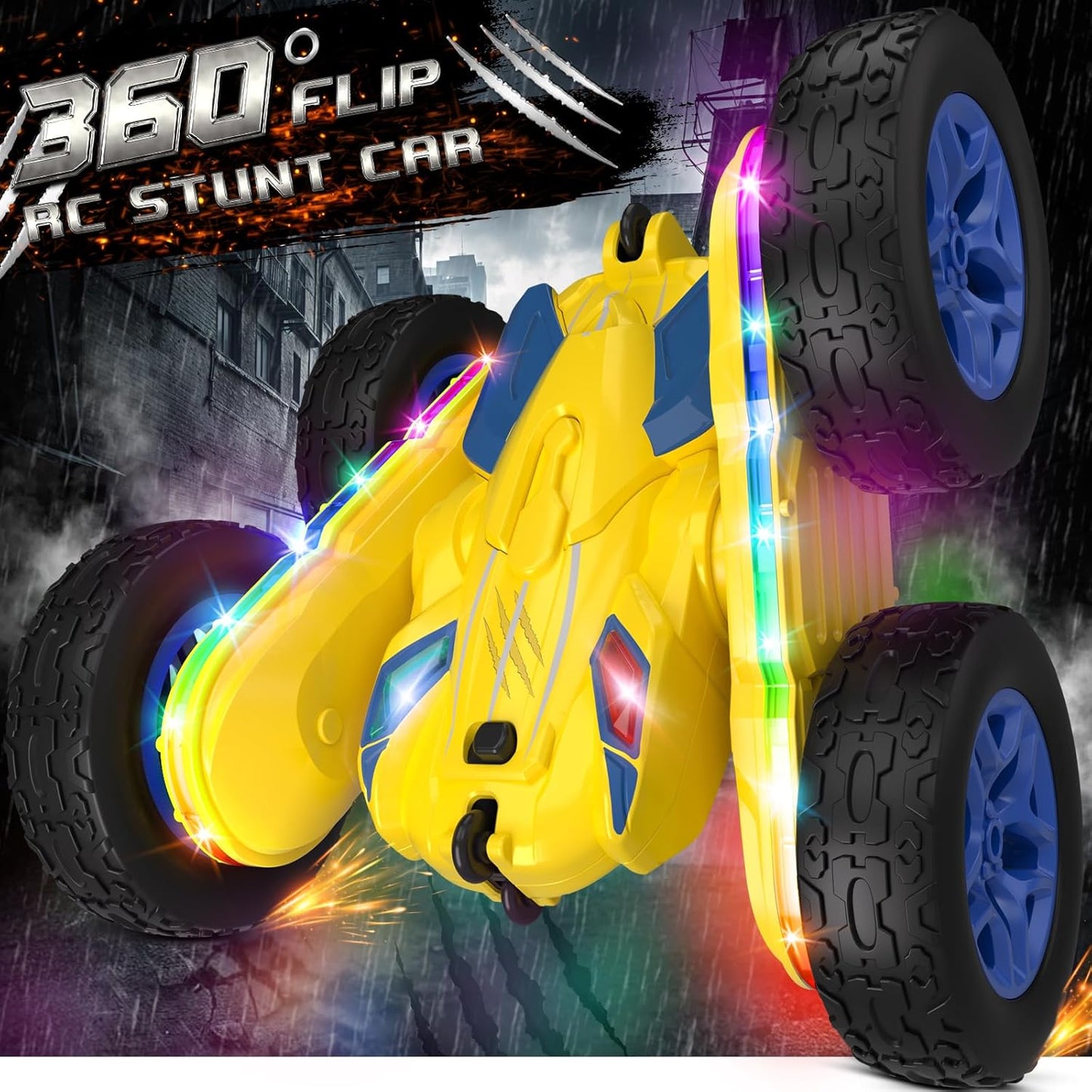 Remote Control Car,RC Cars with Sides Light Strip and Headlights,Double Sided 360 Flips Rotating RC Stunt Car,2.4Ghz All Terrain Toys for Ages 4-6 Kids Toy for Boys Girls Birthday Gift(Yellow) - Retail $20