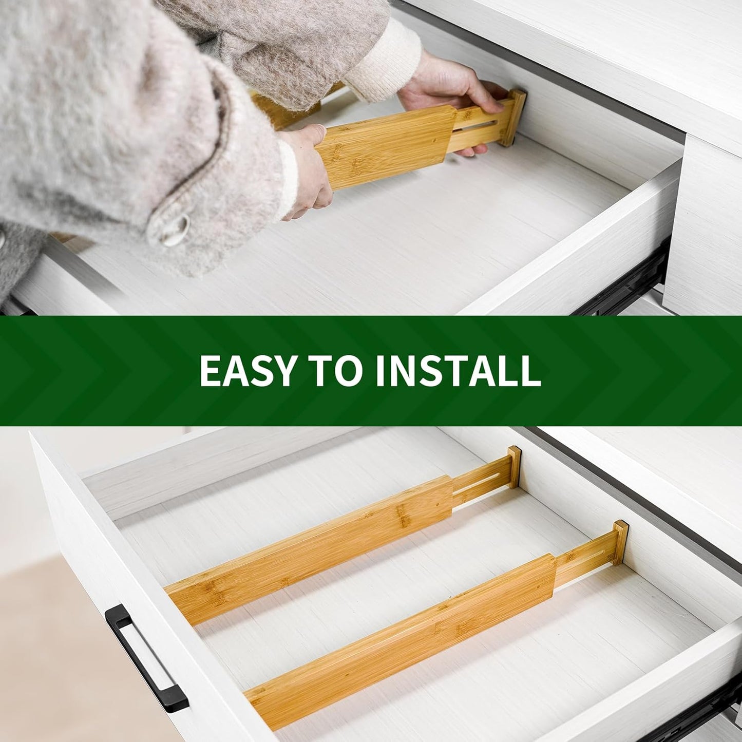 4 pcs Bamboo Kitchen Drawer Dividers, Adjustable Drawer Organizers, Spring Loaded, Works in Kitchen, Dresser, Bathroom, Bedroom, Drawer, Desk