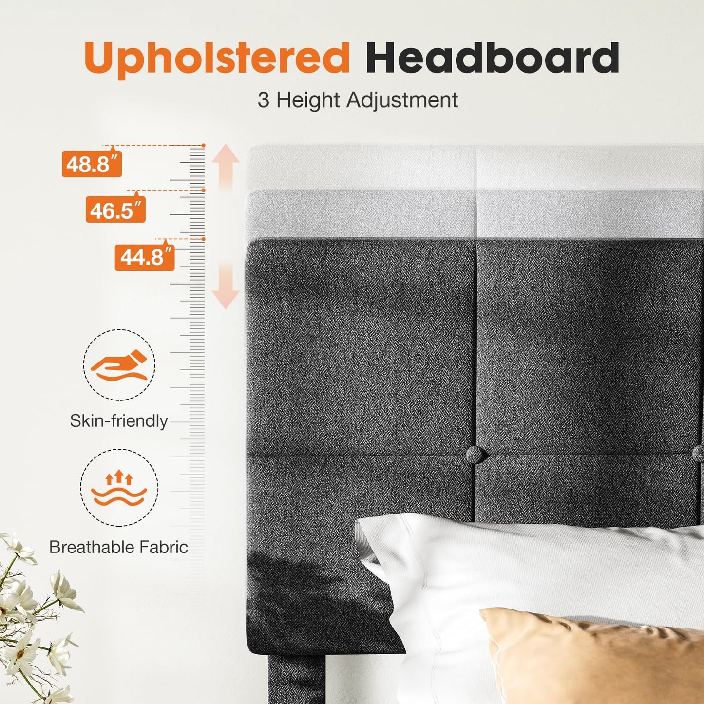 Twin Bed Frame with Adjustable Height Headboard, Dark Grey