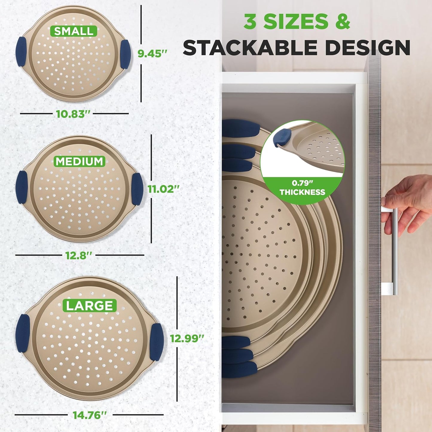 NutriChef 3-Piece Pizza Tray Set with Silicone Handles - Round Nonstick Pizza Pan with Perforated Holes, Durable Carbon Steel, Small, Medium, Large Sizes - Ideal for Crispy, Evenly Baked Pizzas (Gold)