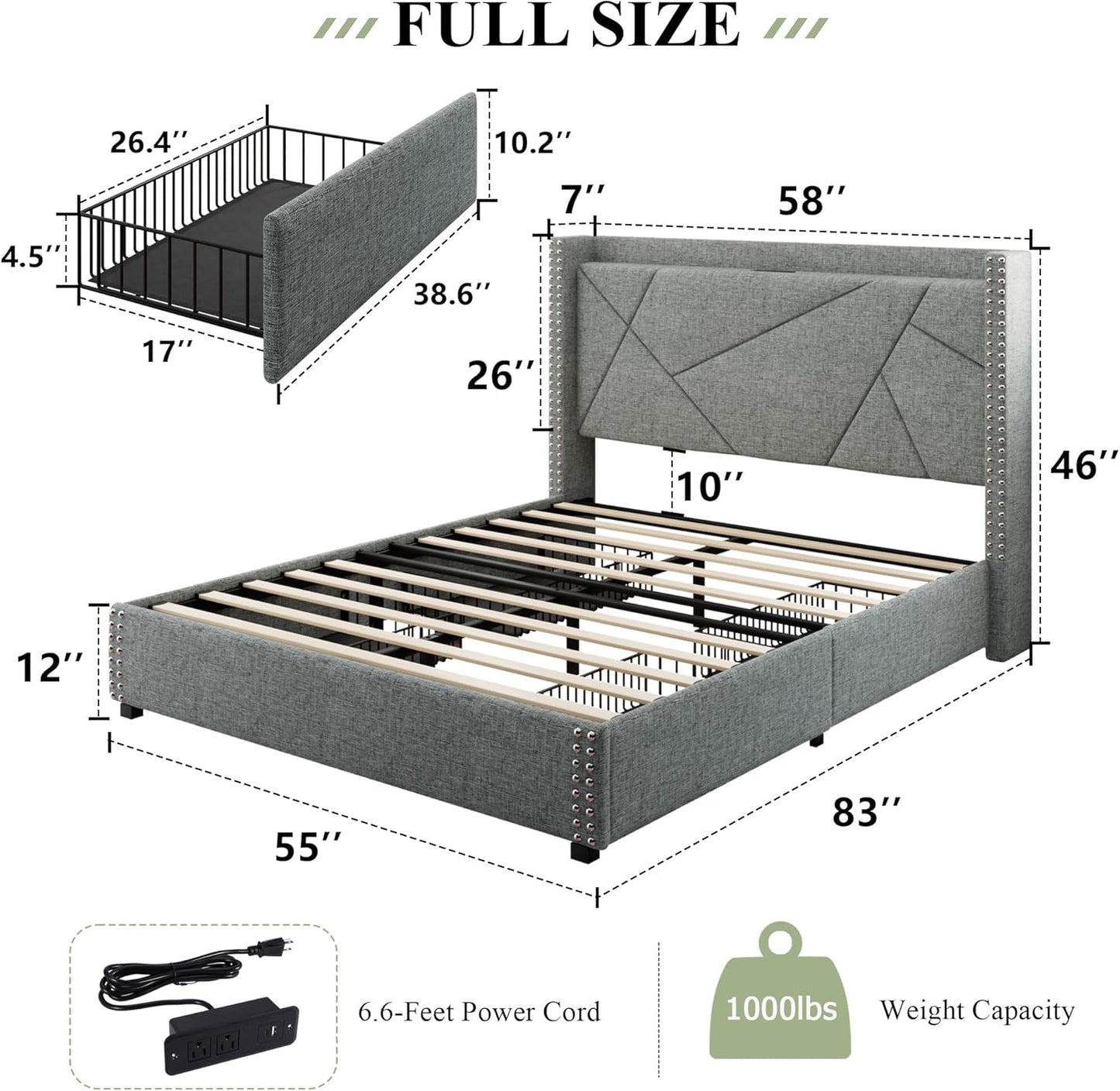 Feonase Full Size Bed Frame with 4 Storage Drawers, Upholstered Platform Bed with Charging Station & Wingback Headboard, Solid Wood Slats Support, No Box Spring Needed, Noise-Free, Light Gray