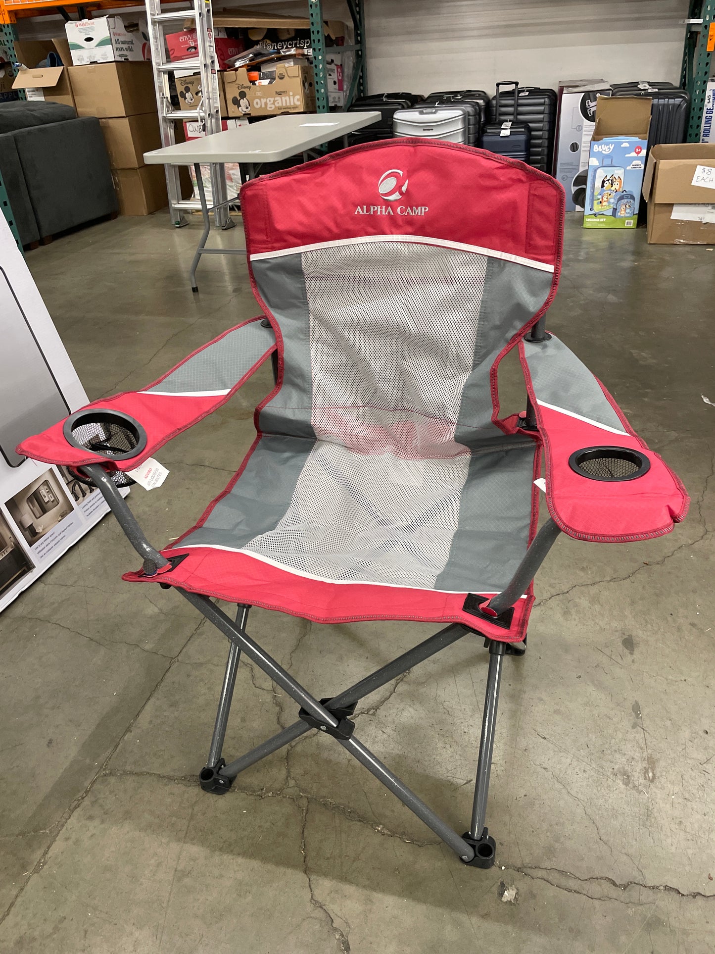 ALPHA CAMP Oversized Mesh Back Camping Folding Chair Heavy Duty Support 350 LBS Collapsible Steel Frame Quad Chair Padded Arm Chair with Cup Holder Portable for Outdoor (Red) - Retail $90