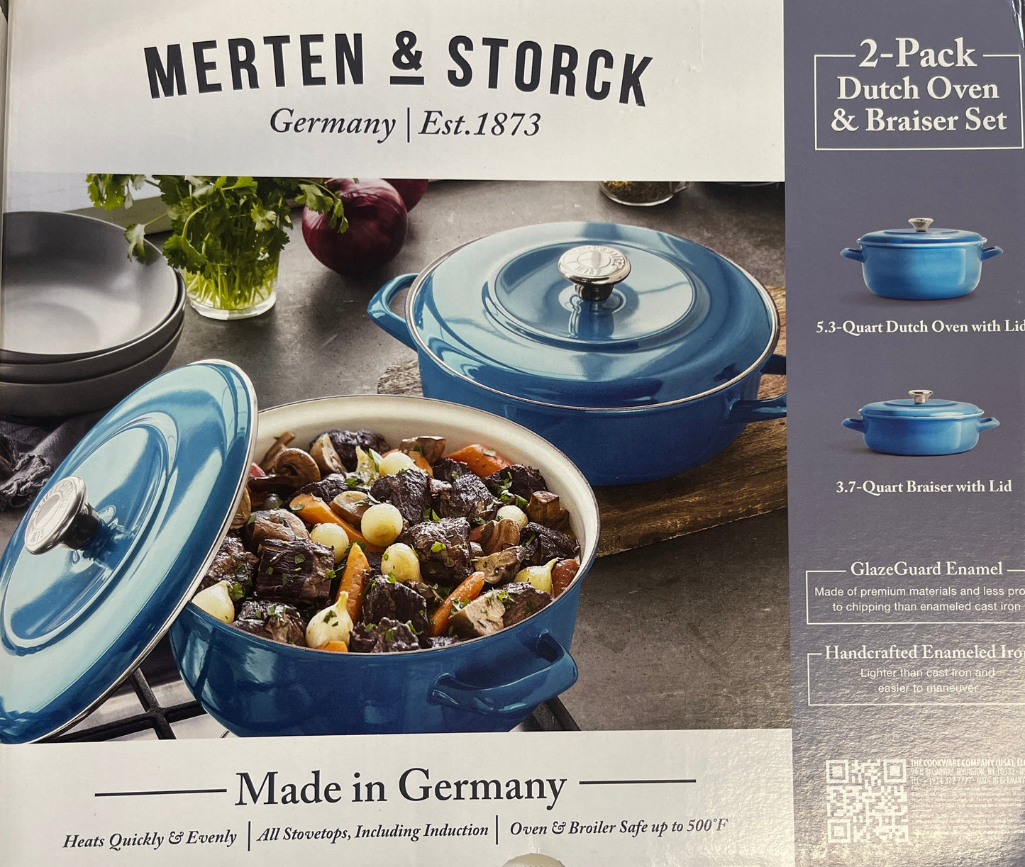 Merten & Storck Azure 5.3-Quart Dutch Oven with Lid, 3.7-Quart Braiser with Lid, 2-pack