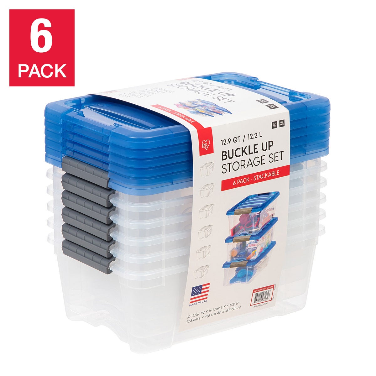 IRIS 12.9 Quart Buckle Up Storage Bin, 6-pack