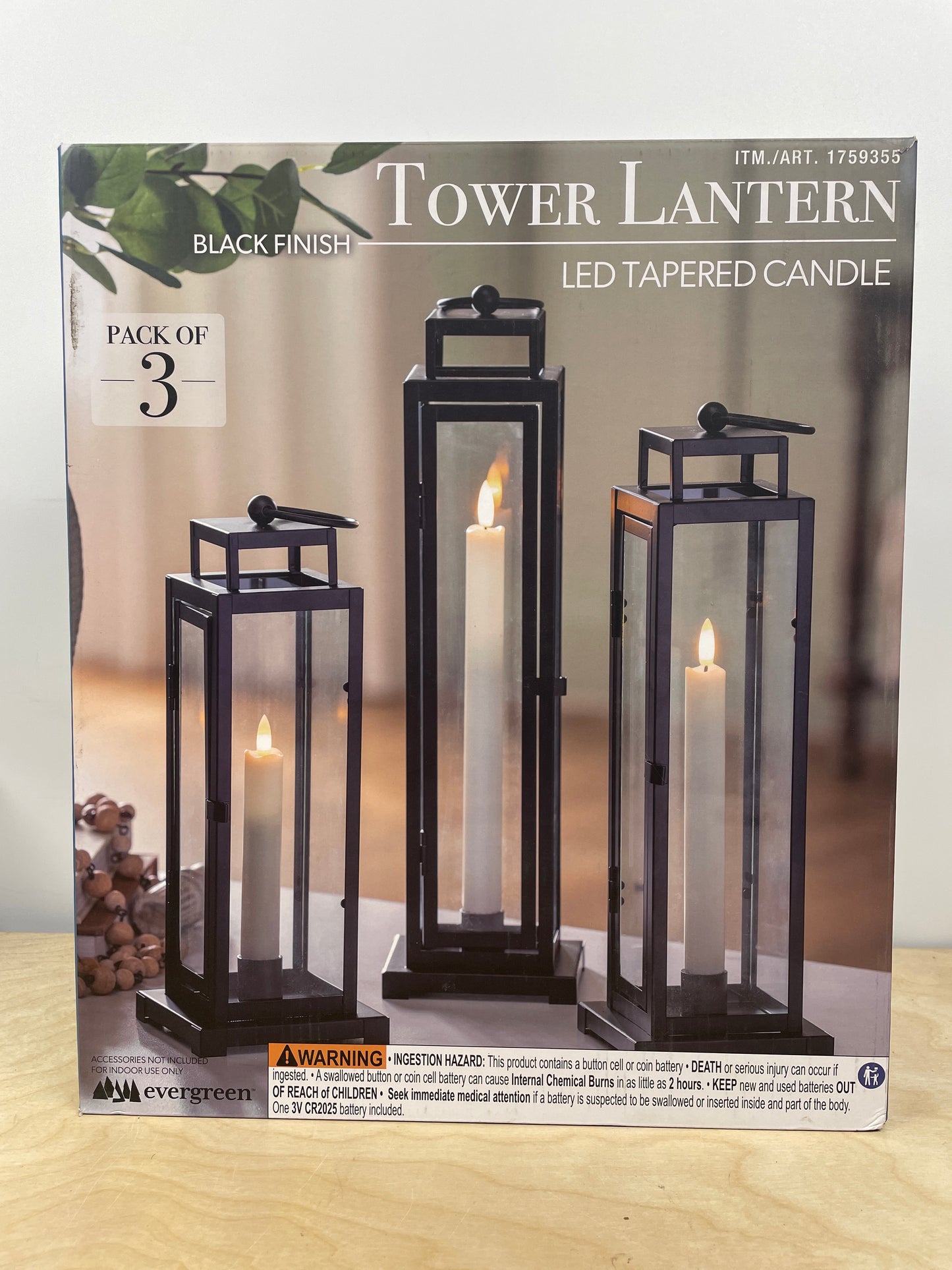 Tower Lantern 3 Pack LED Tapered Candle, Black Finish