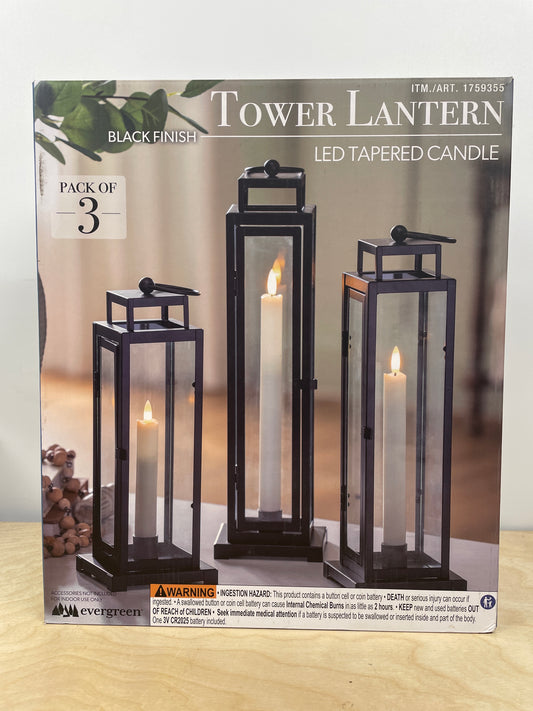 Tower Lantern 3 Pack LED Tapered Candle, Black Finish