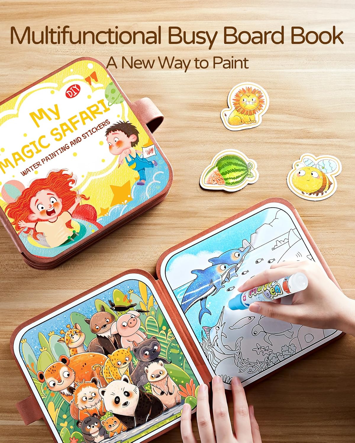 2-in-1 Busy Board Montessori Toys for Toddlers, Reusable Water Painting Books