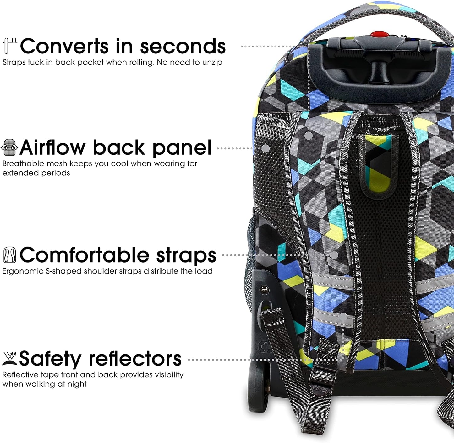 J World New York Sunrise Kids Rolling Backpack for Girls Boys Teen. Roller Bookbag with Wheels, Cubes, 18" - Retail $56