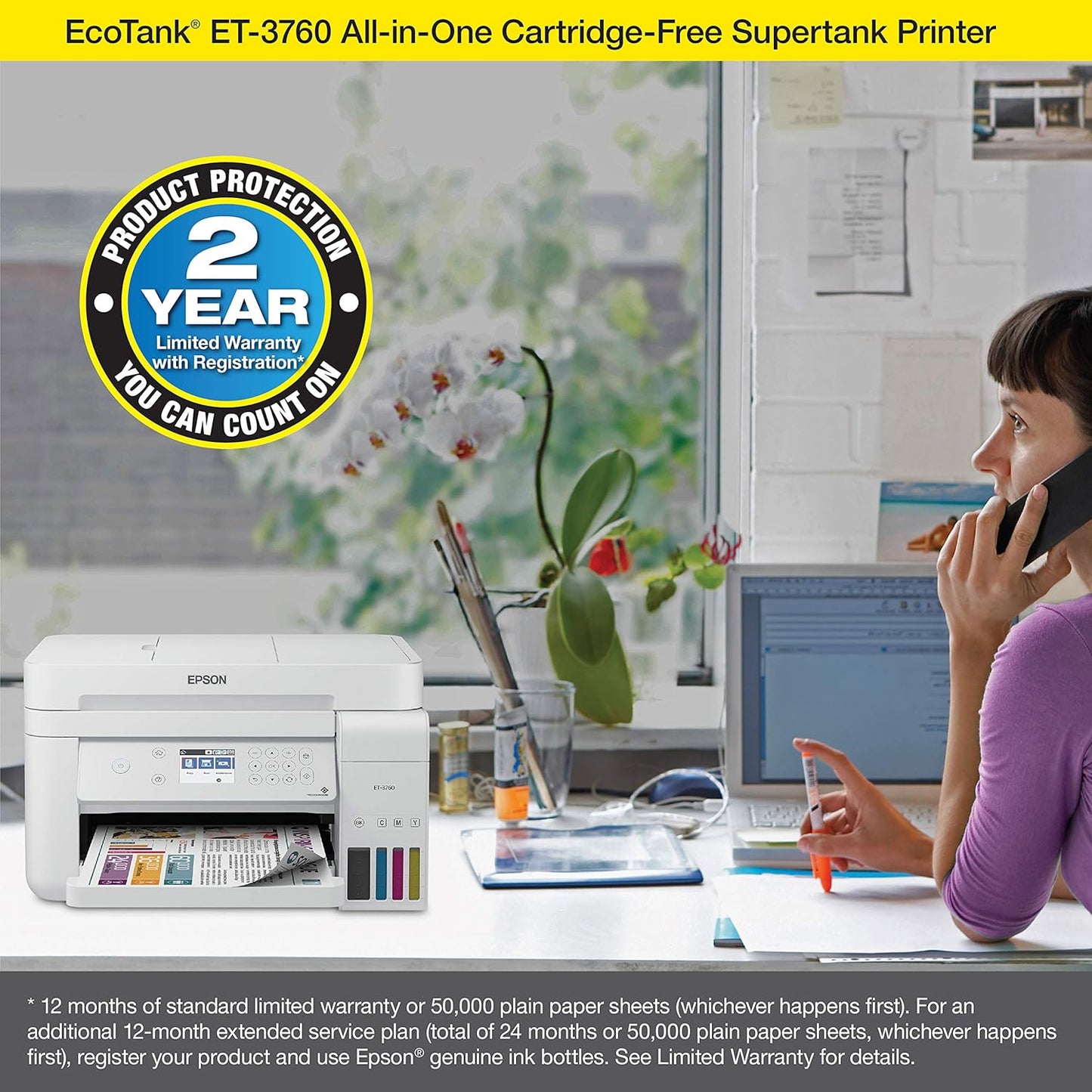 Epson EcoTank ET-3760 Wireless Color All-in-One Cartridge-Free Supertank Printer with Scanner, Copier and Ethernet, Regular - Retail $360