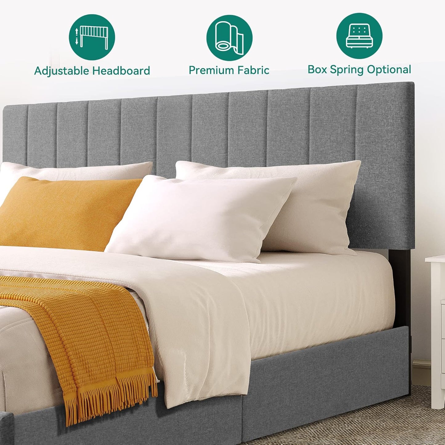 YITAHOME King Size Bed Frame, Storage Bed Frame with 4 Drawers, Adjustable Upholstered Headboard Platform Bed with Sturdy Wood Slat Support, No Box Spring Needed, Easy Assemble, Grey
