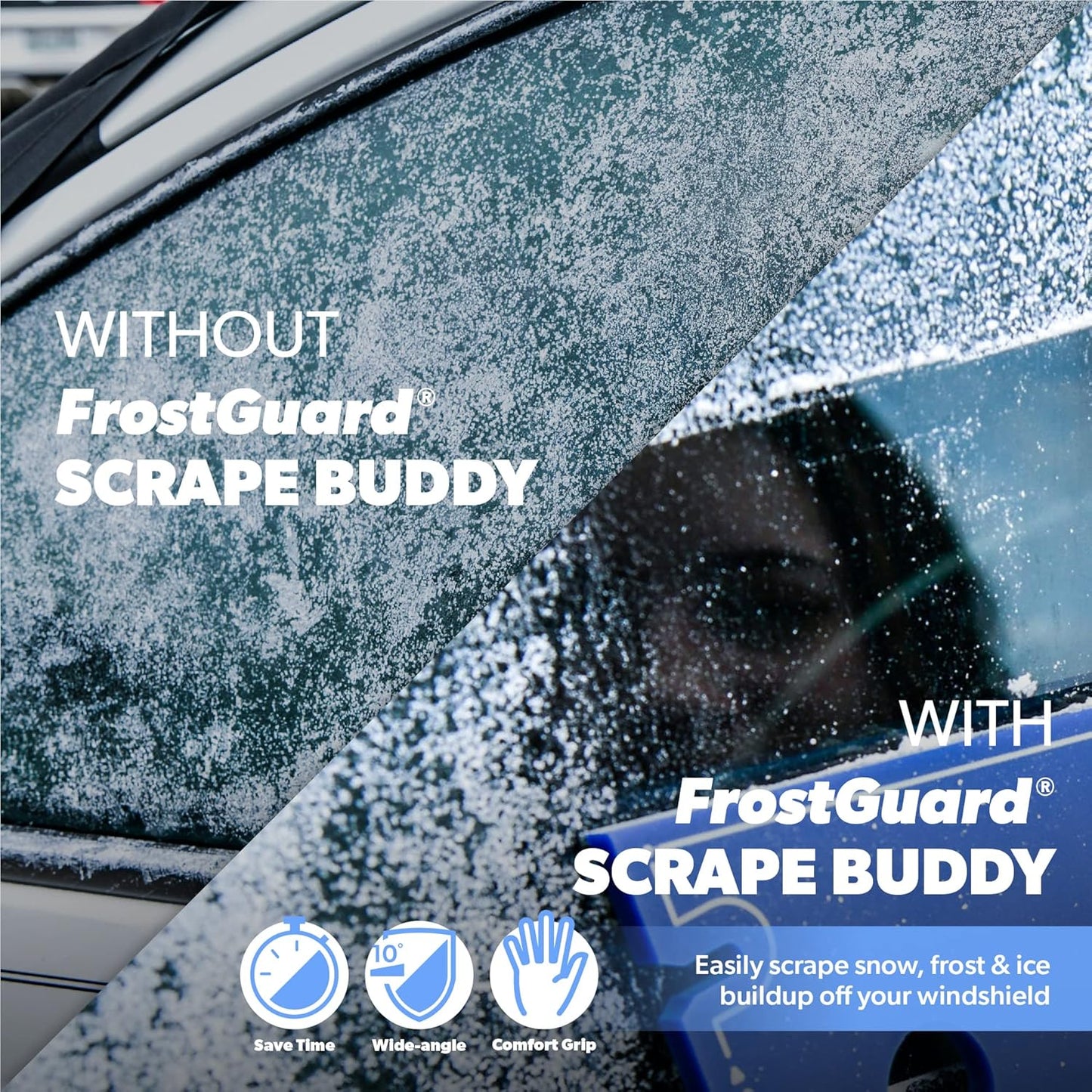 FrostGuard Scrape Buddy Car Ice Scraper Scrape with a Smile - Quickly Remove Frost, Ice and Snow from Your Vehicle Windows and Wiper Blades - Acrylic with Comfort Neoprene Sleeve - Blue Frost