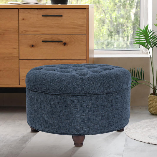 Homepop Home Decor | Large Button Tufted Woven Round Storage Ottoman for Living Room & Bedroom (Navy Woven) 25 inch D x 25 inch W x 15 inch H - Retail $142