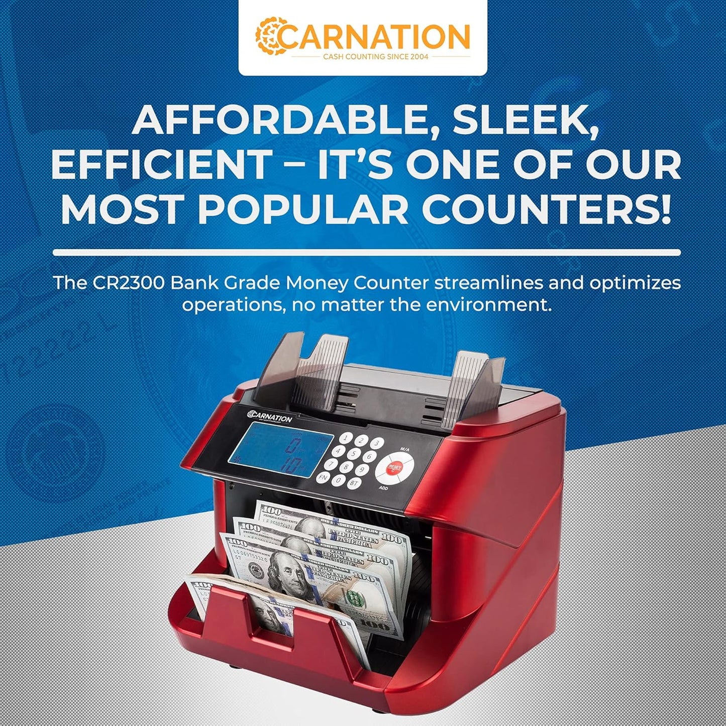 CARNATION Bill Cash Money Counter CR180 with UV and MG Counterfeit Detection Super Fast One Year Warranty (CR2300-stickerless) - Retail $99