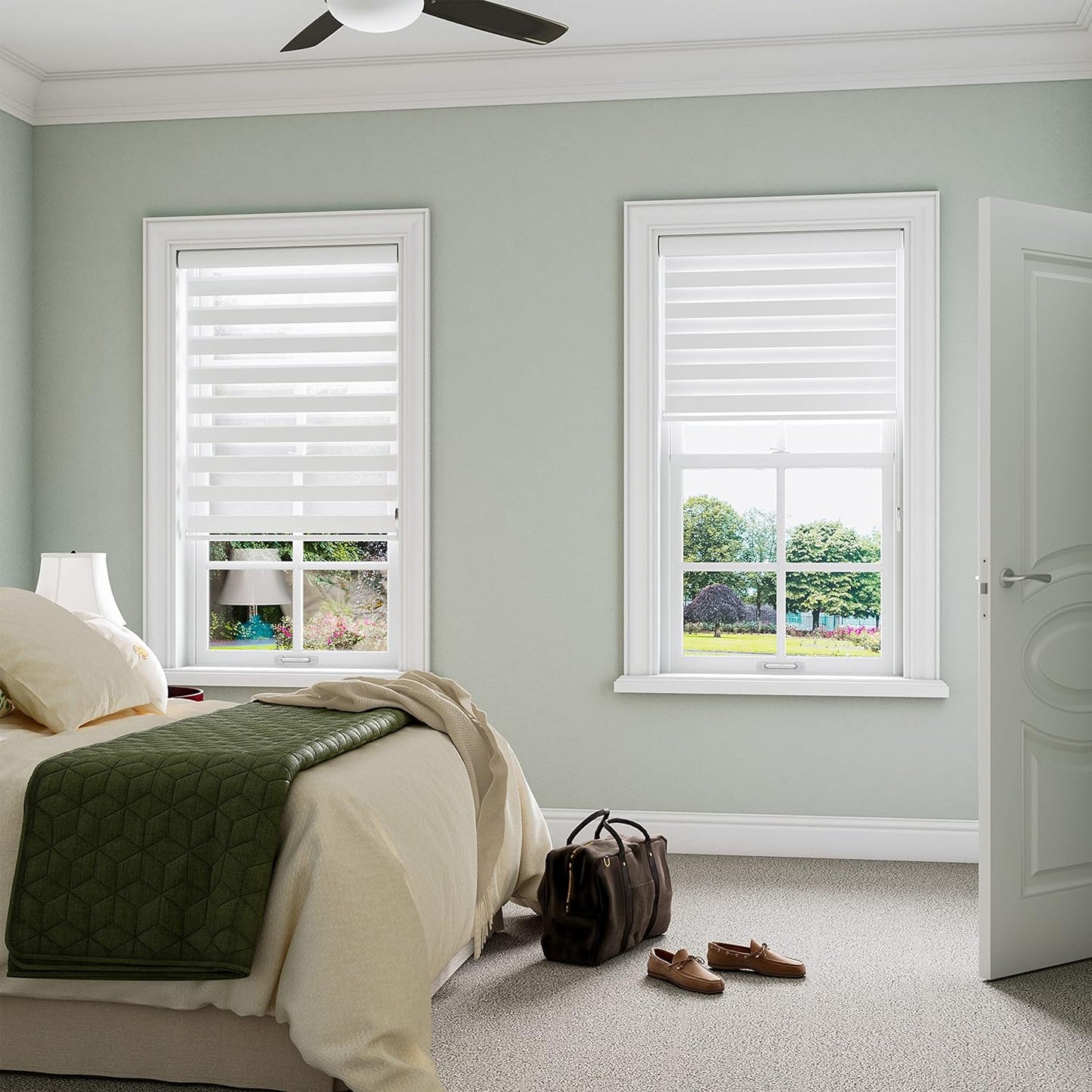 NEW - Zebra Blinds 46" x 72" Window Dual Layer Roller Shades, Corded Horizontal Blind, Day & Night Light Filtering Privacy Drapes for Living Room, Bedroom, Office, & Hotel with Easy Install, White, 72 Inch Length - Retail $102