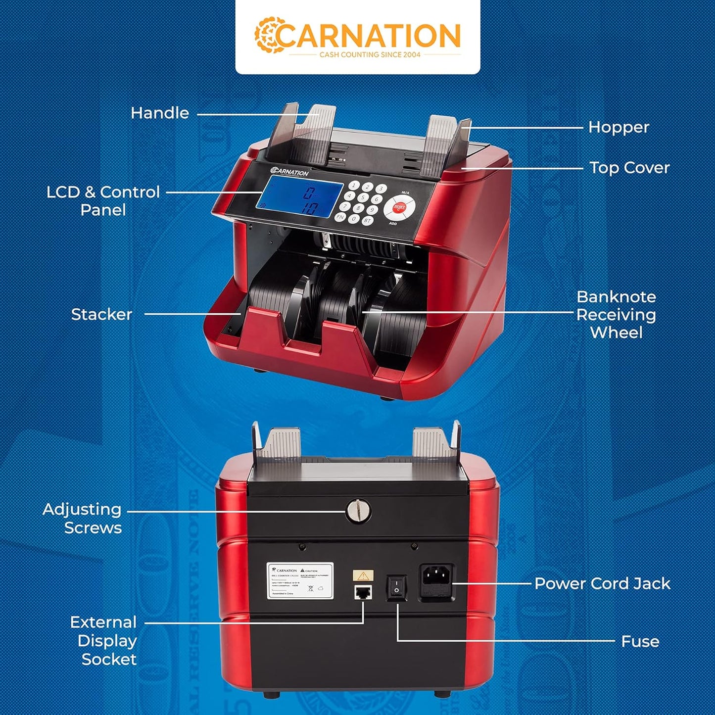 CARNATION Bill Cash Money Counter CR180 with UV and MG Counterfeit Detection Super Fast One Year Warranty (CR2300-stickerless) - Retail $99