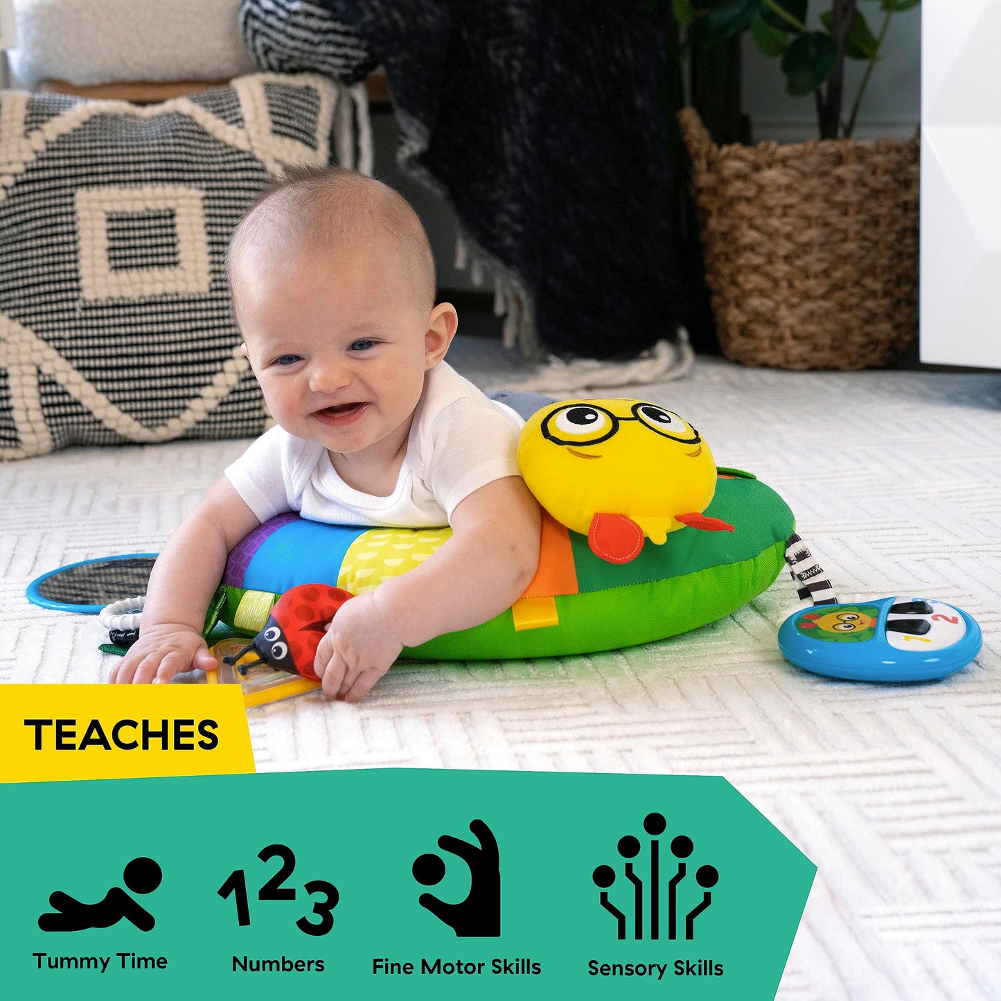 Baby Einstein Cal-a-Pillow Tummy Time Pillow, Multisensory Activity Toys, Sitting Up Play, Cal the Caterpillar, Ages 0+ Months