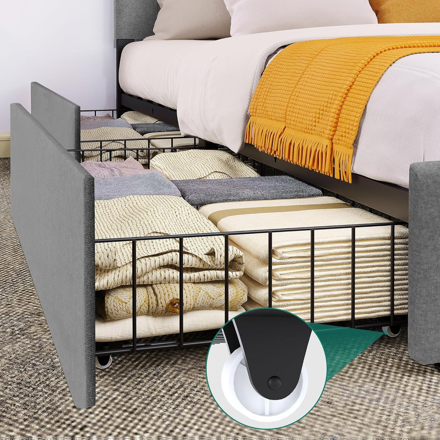 YITAHOME King Size Bed Frame, Storage Bed Frame with 4 Drawers, Adjustable Upholstered Headboard Platform Bed with Sturdy Wood Slat Support, No Box Spring Needed, Easy Assemble, Grey