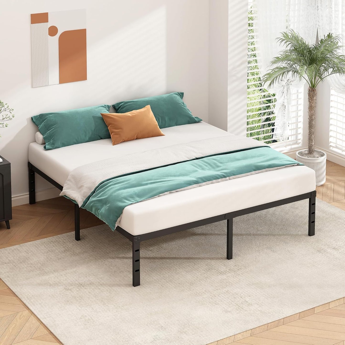 Metal Platform Bed Frame 14 Inch Tall,No Box Spring Needed,Queen Size Bed with Heavy Duty Strong Support Slats,Easy to Assemble,Black - Retail $50