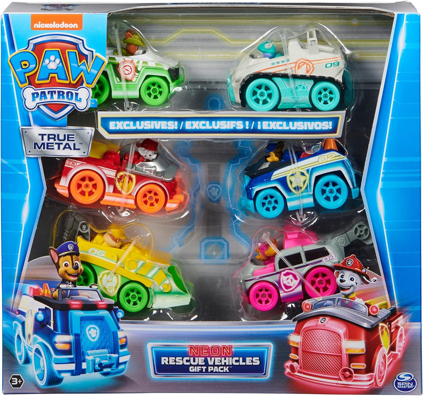 Paw Patrol, True Metal Neon Rescue Vehicle Gift Pack of 6 Collectible Die-Cast Toy Cars, 1:55 Scale, Kids Toys for Boys and Girls Ages 3 and up