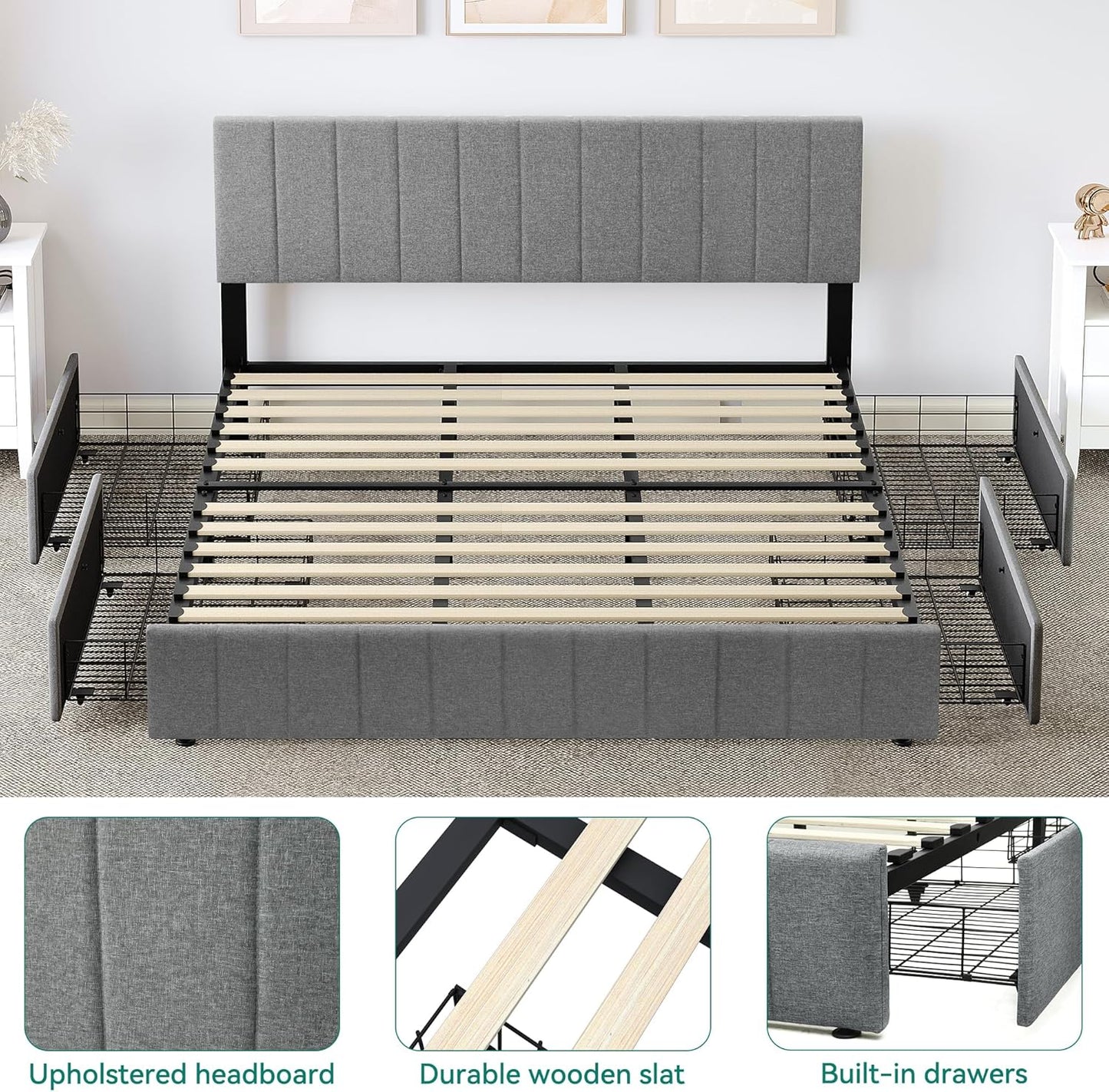 YITAHOME King Size Bed Frame, Storage Bed Frame with 4 Drawers, Adjustable Upholstered Headboard Platform Bed with Sturdy Wood Slat Support, No Box Spring Needed, Easy Assemble, Grey