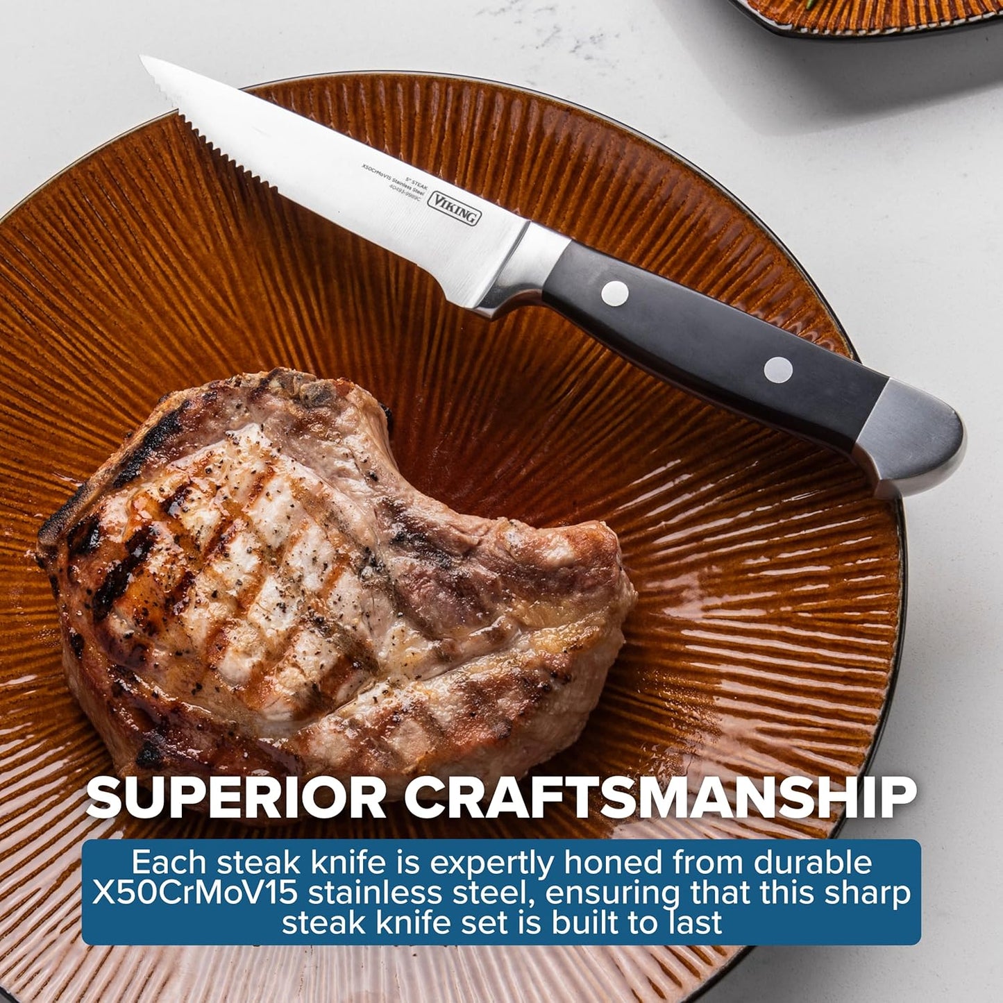 Viking Steak Knife Set, 8 Piece Stainless Steel Kitchen Knives Set with ABS Polymer Handles, Includes Wooden Gift Box, Hand Wash Only, Black - Retail $86