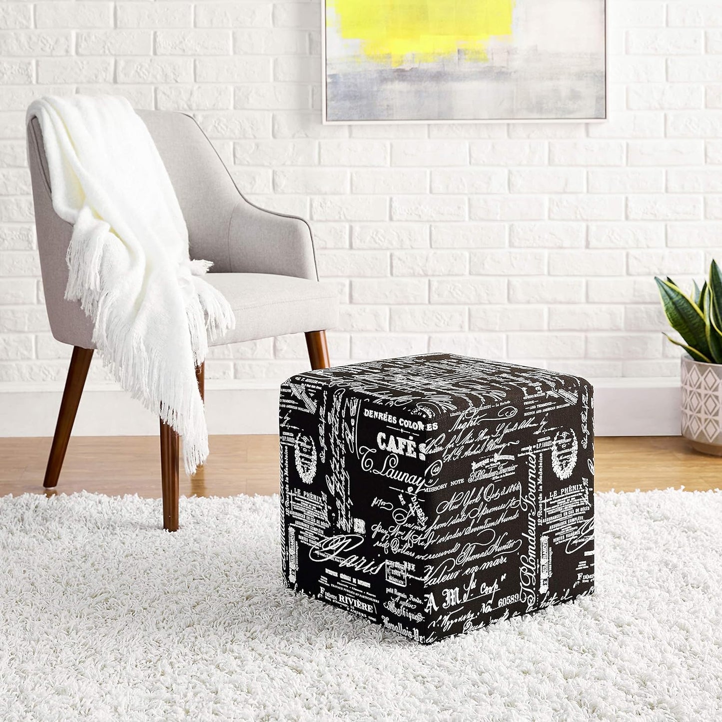 NEW - FIRST HILL FHW Square Fabric Stores Ottoman Style Patterns,Black & White Script Pattern Fabric - Retail $34