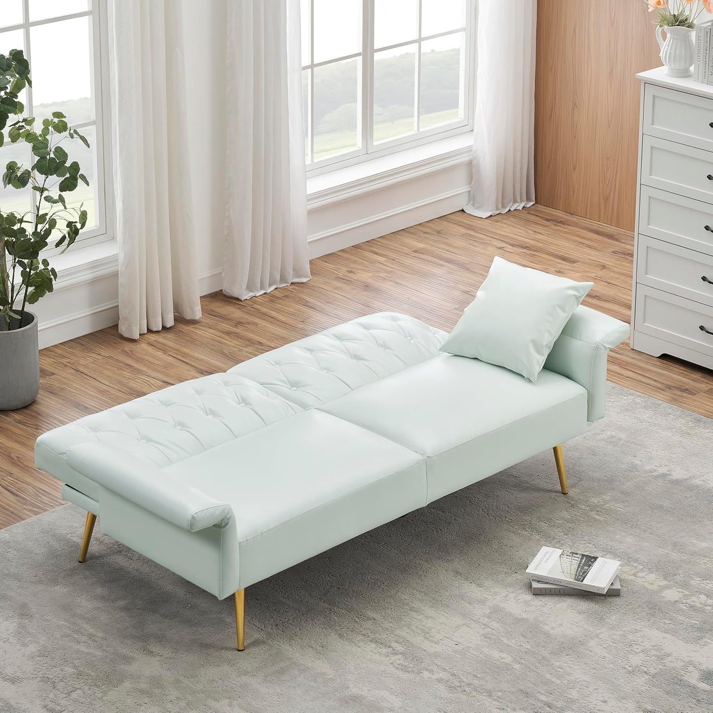 NEW - Elevon Futon Couch, Convertible Futon Sofa Bed, Faux Leather Folding Recliner Sleeper, Modern Lounge Sofa with Adjustable Armrests and Pillow for Living Room, Small Space, Office, Apartment, White - Retail $270