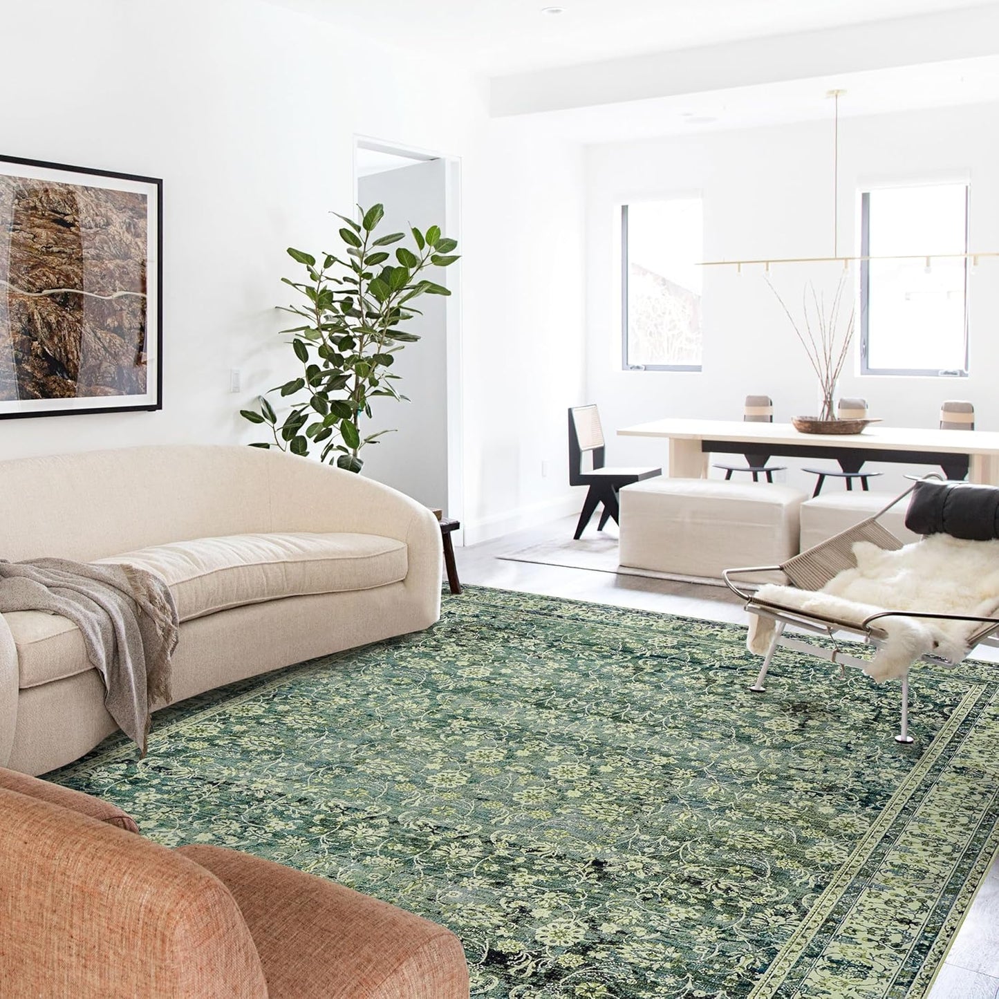 NEW - 6x9 Area Rugs Washable Rugs for Bedroom,Faux Wool Moody Floral Boho Vintage Oriental Indoor Carpet for Living Room,Hunter Forest Green - Retail $86