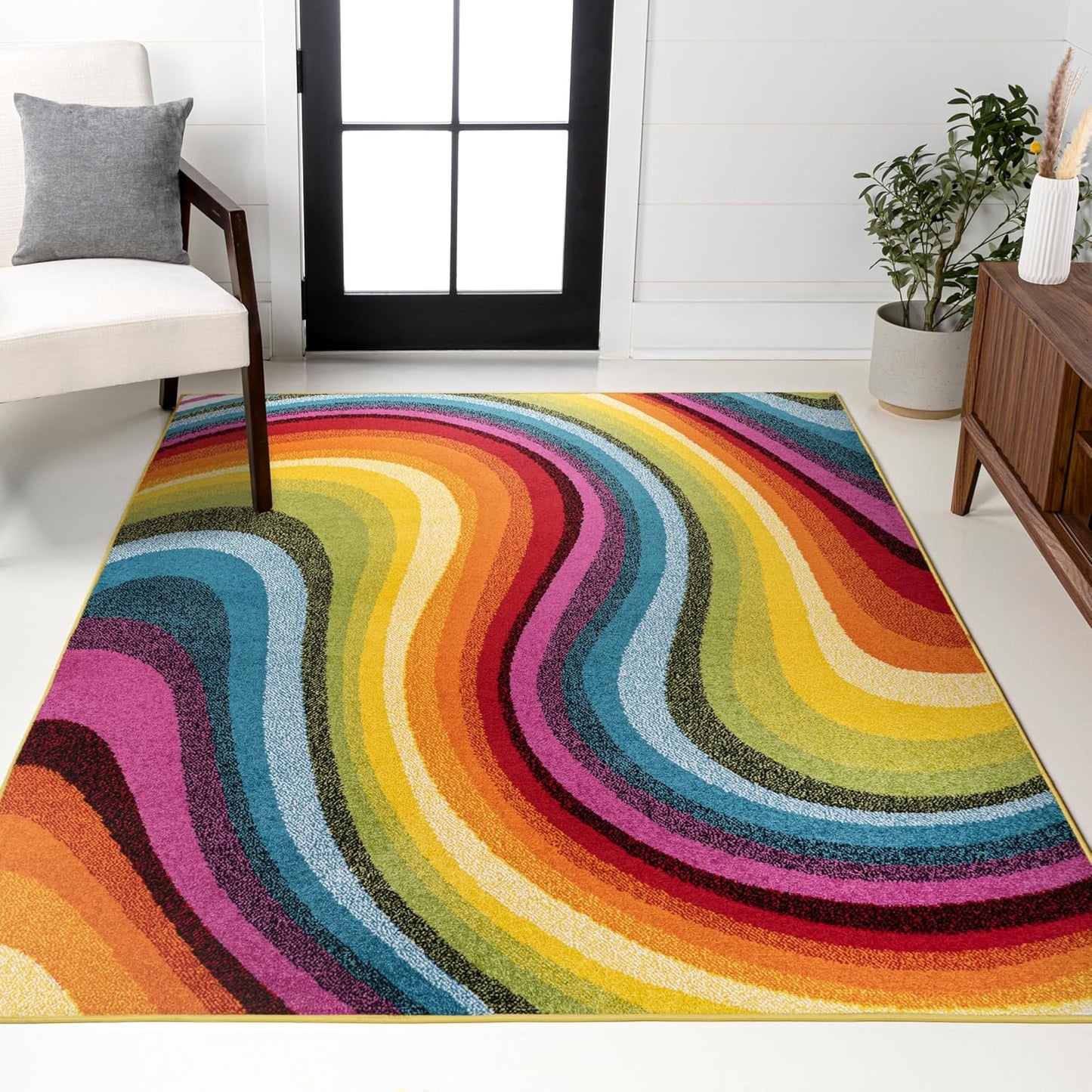 JONATHAN Y Flow Abstract Swirl Indoor Area Rug 5x8, Red/Yellow/Blue, Modern, Coastal, Easy-Cleaning for Living Room, Bedroom, Kitchen, Pet Friendly, Non-Shedding (DZC100A-5)