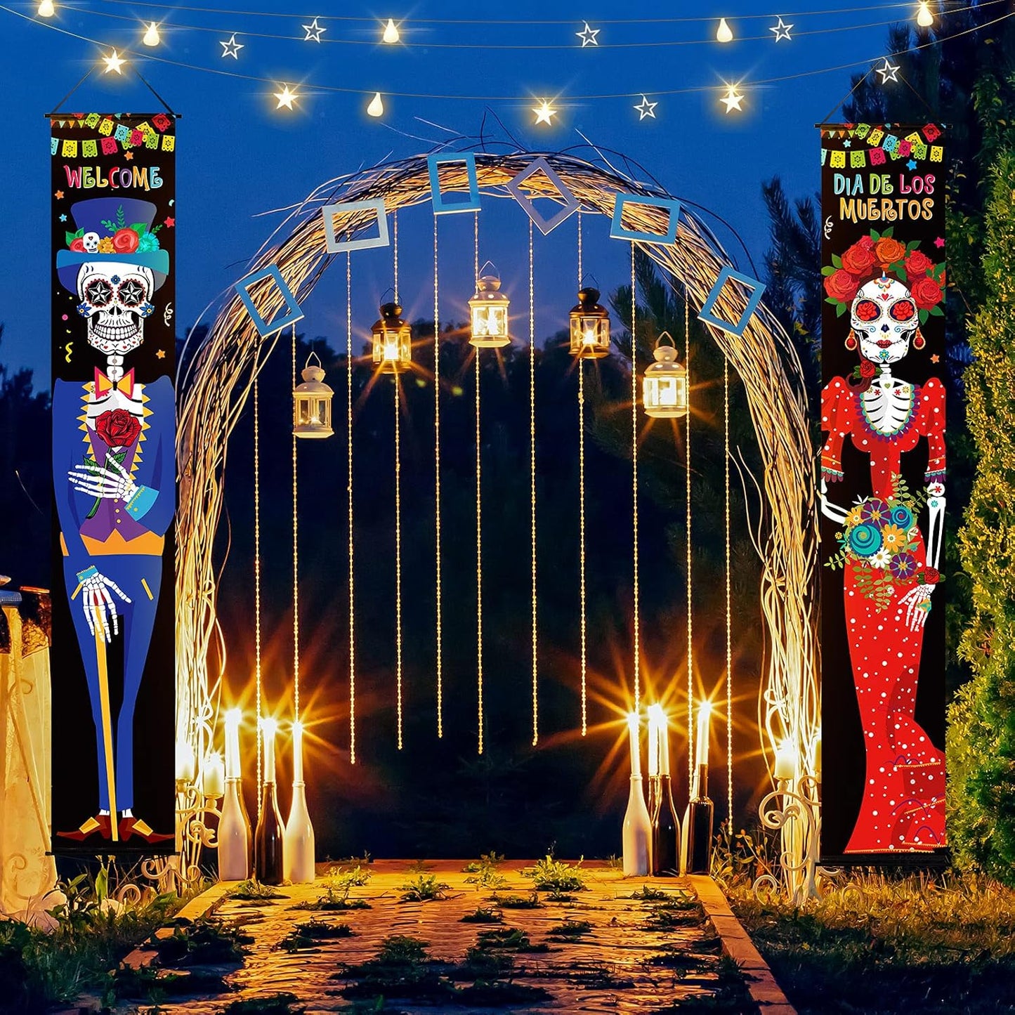 2 Pieces Day of The Dead Porch Sign Dia De Los Muertos Porch Decorations 11.8 x 70.9 Inch Autumn Mexico Welcome Halloween Door Banner Fall Hanging Wall Banner for Festival Indoor Outdoor Decoration
