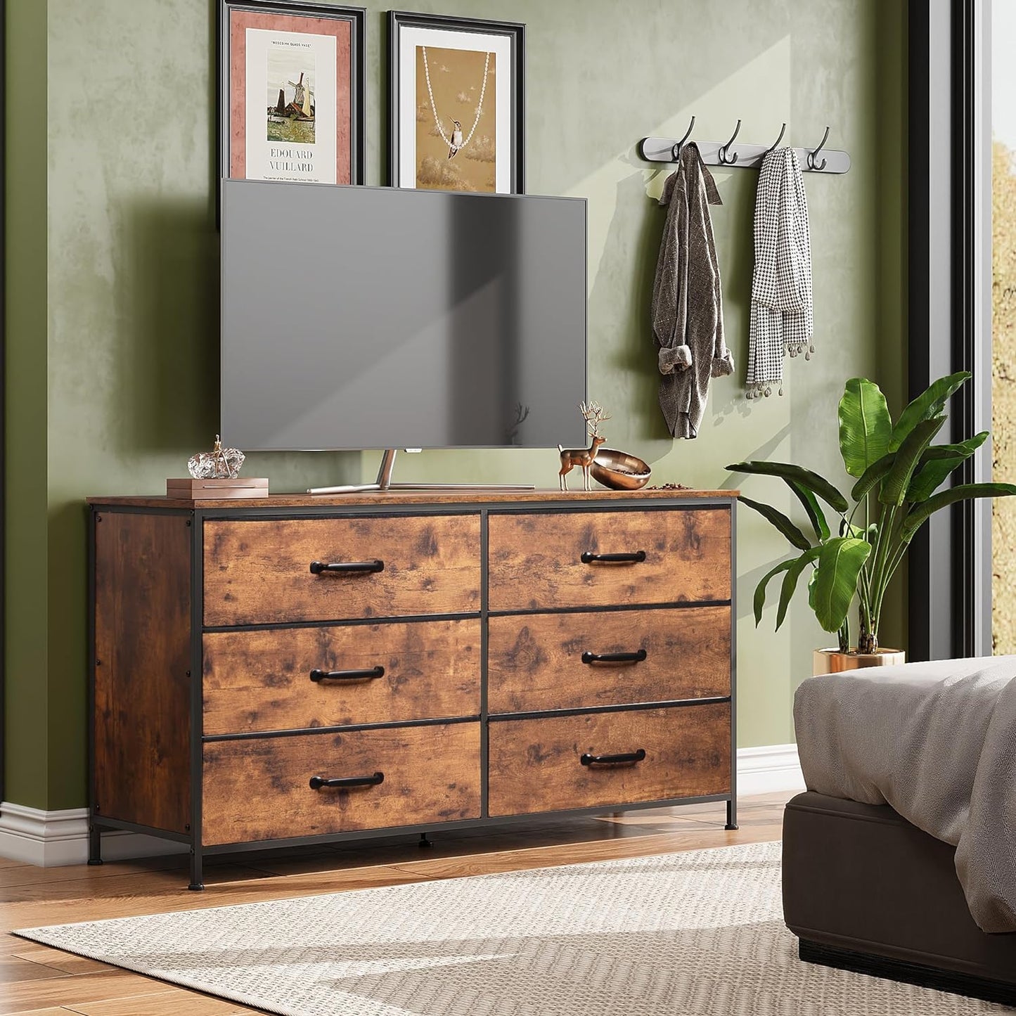 NEW - WLIVE Wide Fabric Dresser, 6 Drawer Dresser TV Stand for 60in TV, Dressers Bedroom Furniture Large Storage Tower Unit with Fabric Bins, Dresser for Bedroom, Closet, Hallway, Rustic Brown - Retail $140