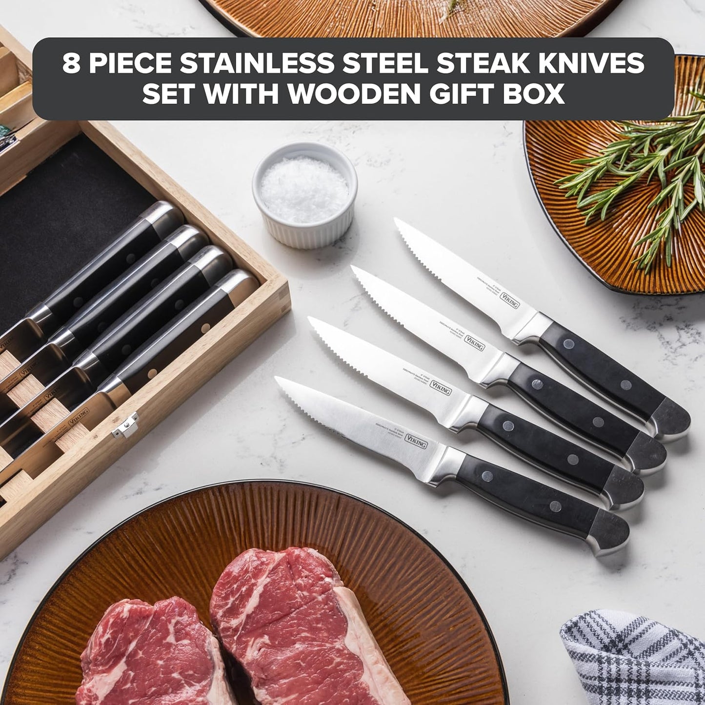 Viking Steak Knife Set, 8 Piece Stainless Steel Kitchen Knives Set with ABS Polymer Handles, Includes Wooden Gift Box, Hand Wash Only, Black - Retail $86