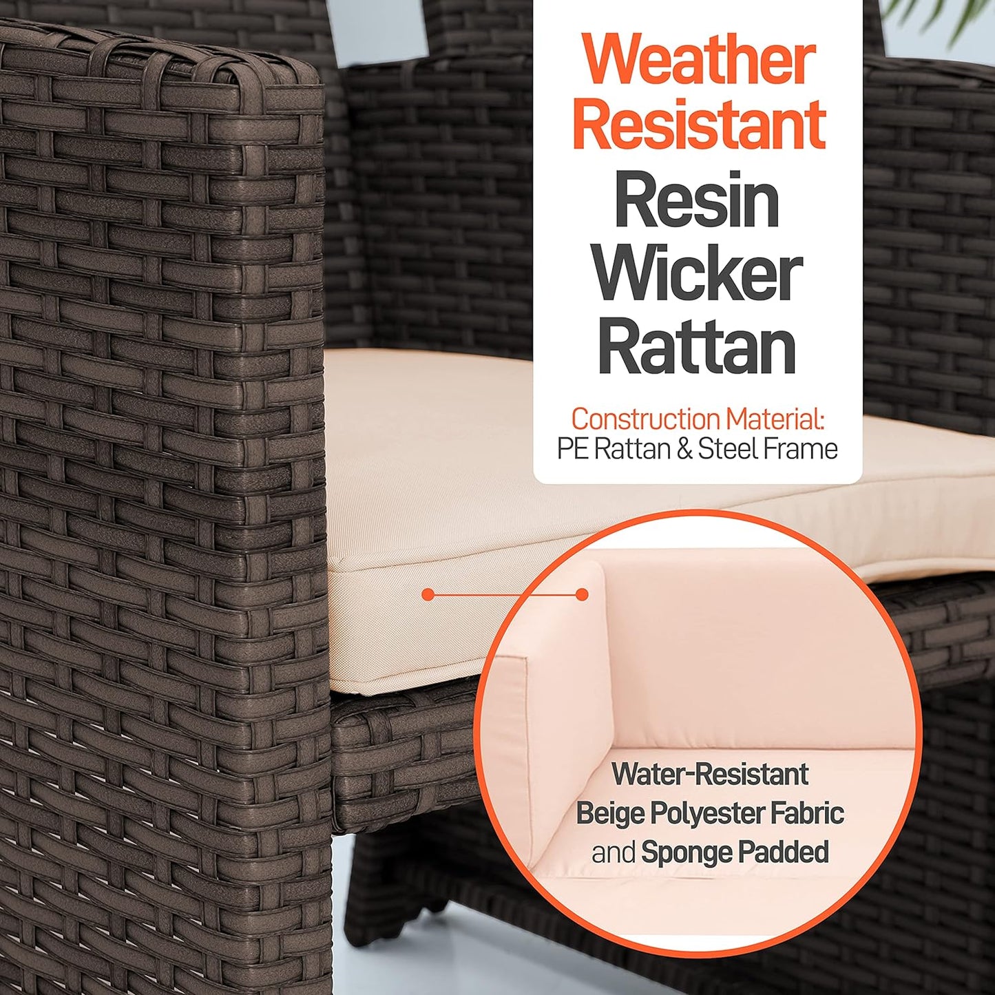 NEW - SereneLife Porch Furniture 4 Piece Accessories and Decor Outdoor, Balcony Patio Conversation, Bistro Set, PE Rattan Wicker Chairs w/Soft Cushion & Glass Coffee Table-SLOTFX5, Brown - Retail $218