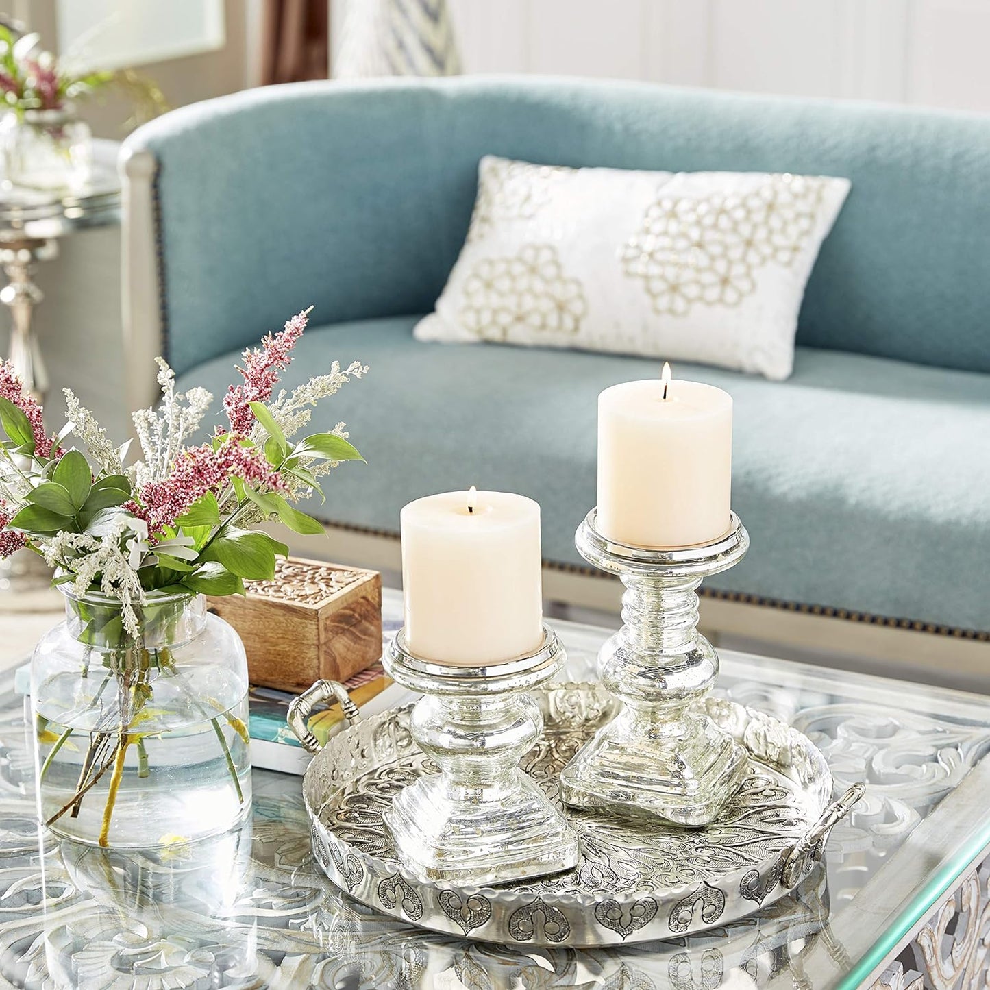 NEW - Deco 79 Glass Handmade Turned Style Pillar Candle Holder with Faux Mercury Glass Finish, Set of 2 9", 7"H, Silver - Retail $29