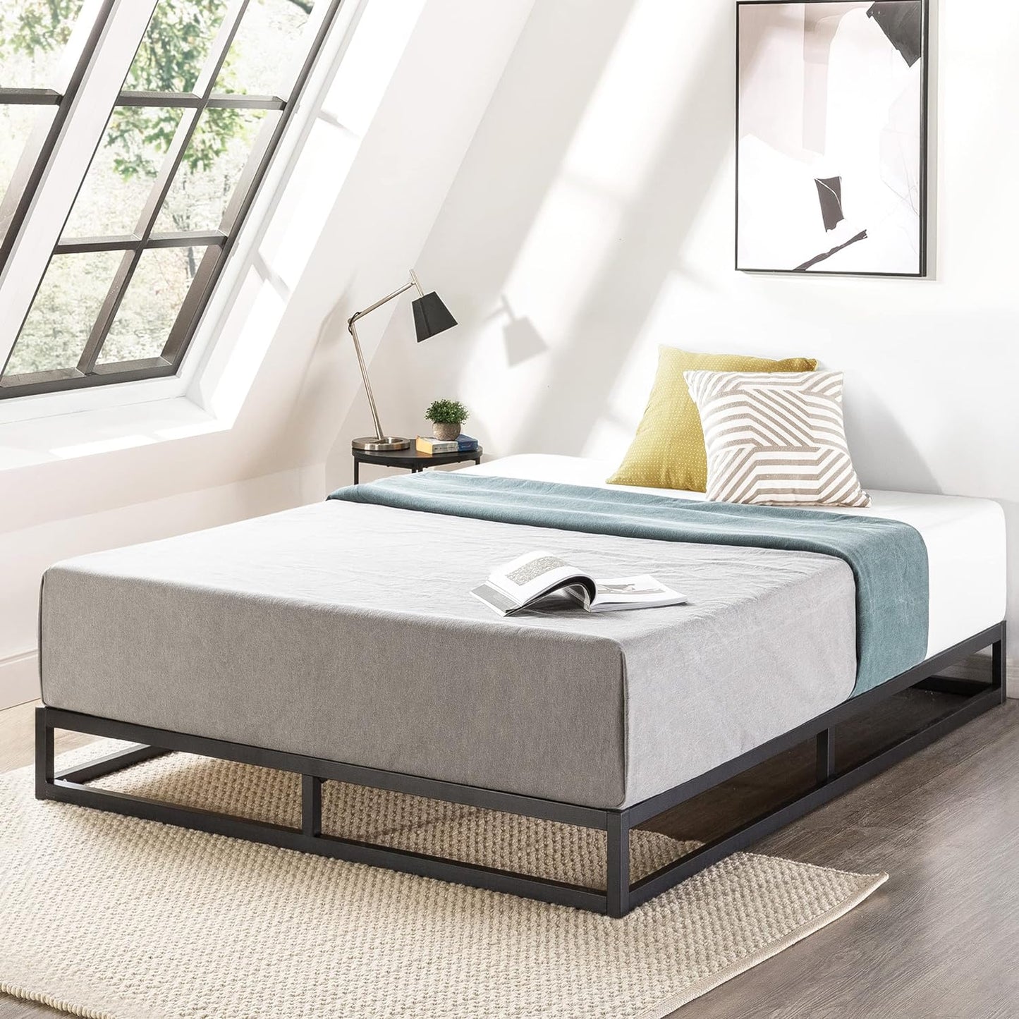 NEW - Mellow Modernista Low Profile TWIN 6 Inch Metal Platform Bed Frame with Classic Wooden Slat Support Mattress Foundation (No Box Spring Needed), Black - Retail $94