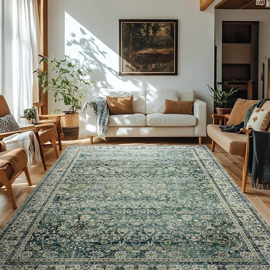 NEW - 6x9 Area Rugs Washable Rugs for Bedroom,Faux Wool Moody Floral Boho Vintage Oriental Indoor Carpet for Living Room,Hunter Forest Green - Retail $86