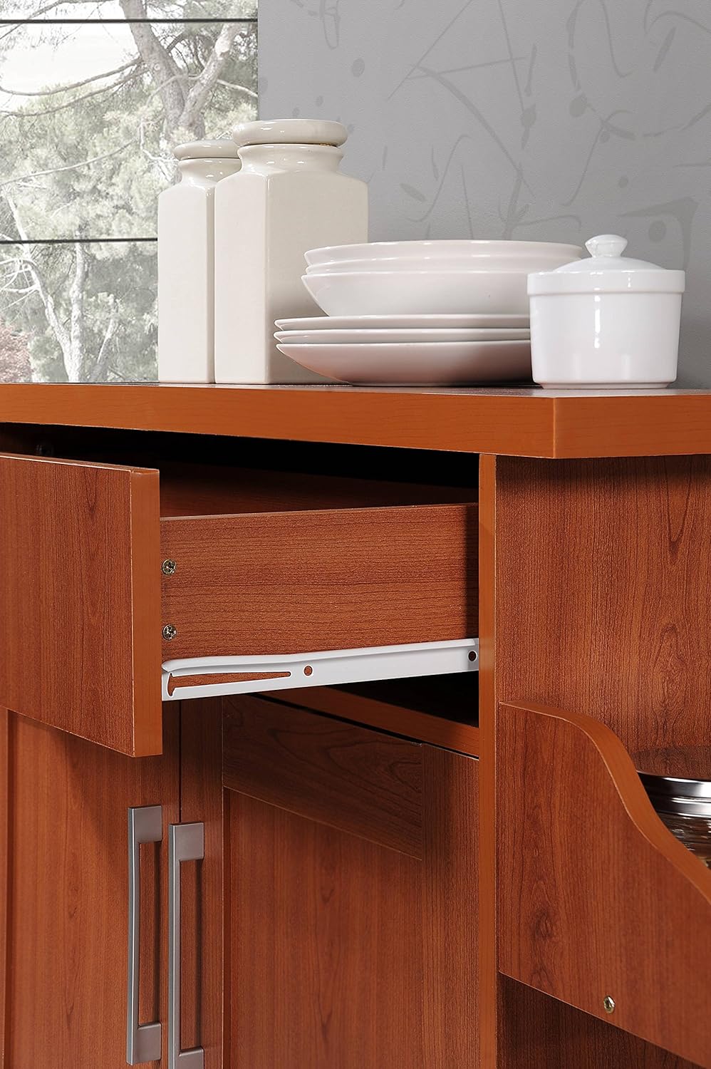 NEW - Hodedah Kitchen Island with Spice Rack, Towel Rack & Drawer, Cherry - Retail $74