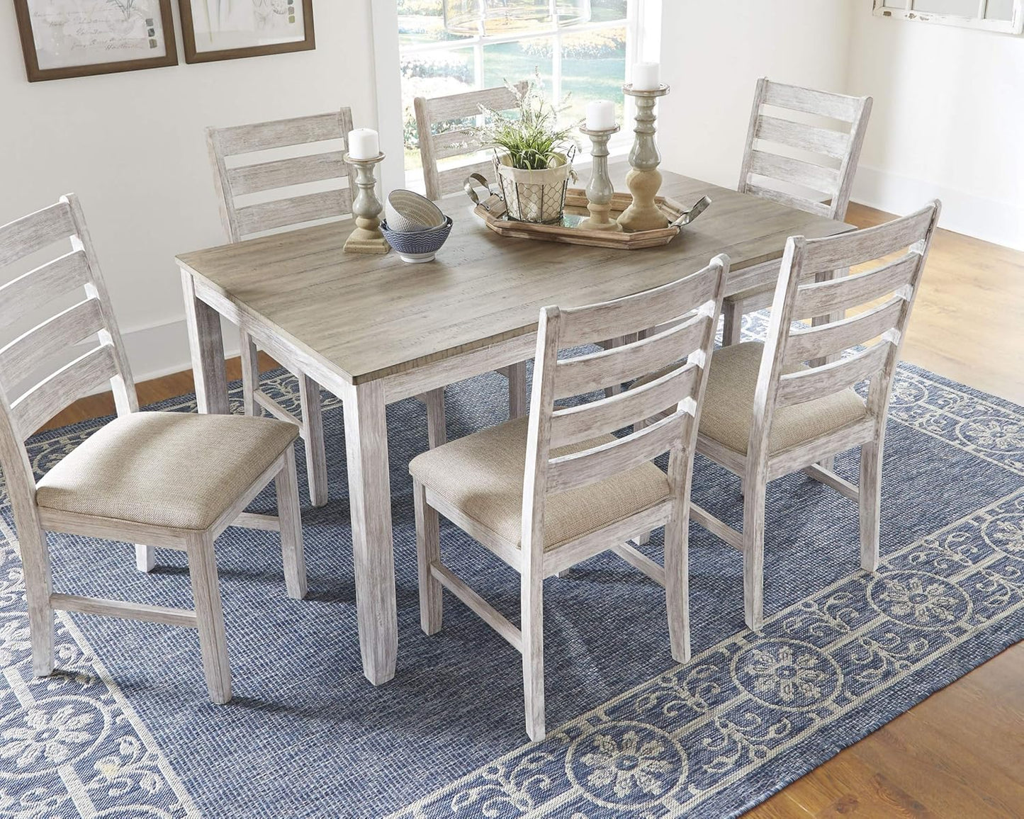 NEW - Signature Design by Ashley Skempton Cottage Dining Room Table Set with 6 Upholstered Chairs, Whitewash, 36inW x 60inD x 30inH - Retail $699
