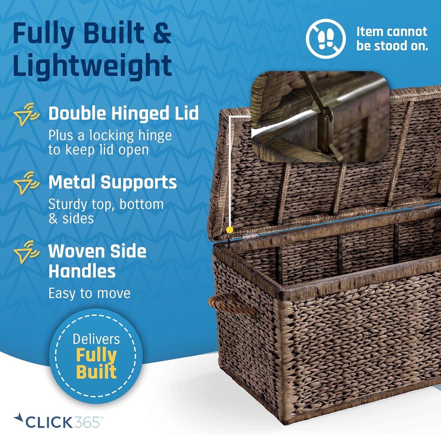 NEW - Click365 Storage Trunk, Farmhouse Style, Extra Large, Deep, Woven Wicker Chest With Metal Frame, 2 Handles, Flip Top Lid and Stay Open Safety Hinges, Sustainable Eco Material, Rustic Brown - Retail $138