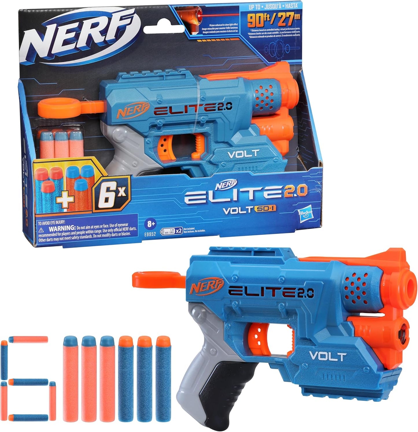 Nerf Elite 2.0 Volt SD-1 Blaster, 6 Official Nerf Darts, 2 Tactical Rails to Customize for Battle, Christmas Stocking Stuffers for Kids Ages 8 and Up
