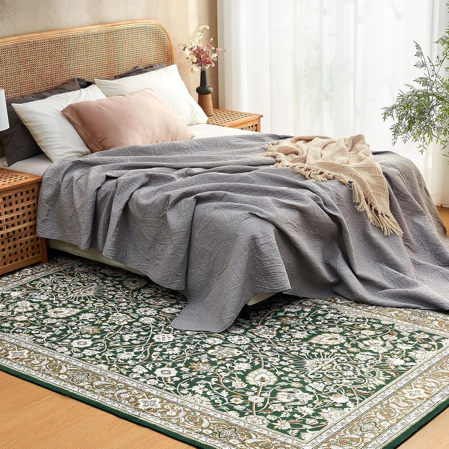 Area Rugs 5x7 Washable Living Room Rug, Vintage Soft Boho Non-Slip/Non-Shedding Print Floor Carpet for Dining Room, Bedroom-Cyan