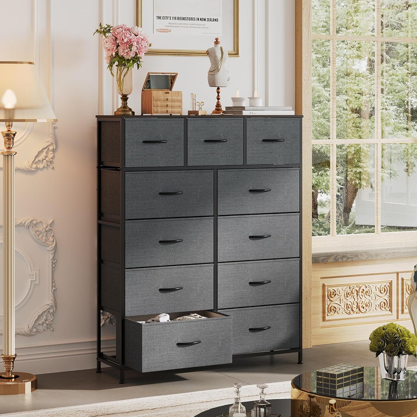 NEW - WLIVE 11-Drawer Dresser, Fabric Storage Tower for Bedroom, Hallway, Closets, Tall Chest Organizer Unit with Textured Print Fabric Bins, Steel Frame, Wood Top, Easy Pull Handle, Dark Grey - Retail $93