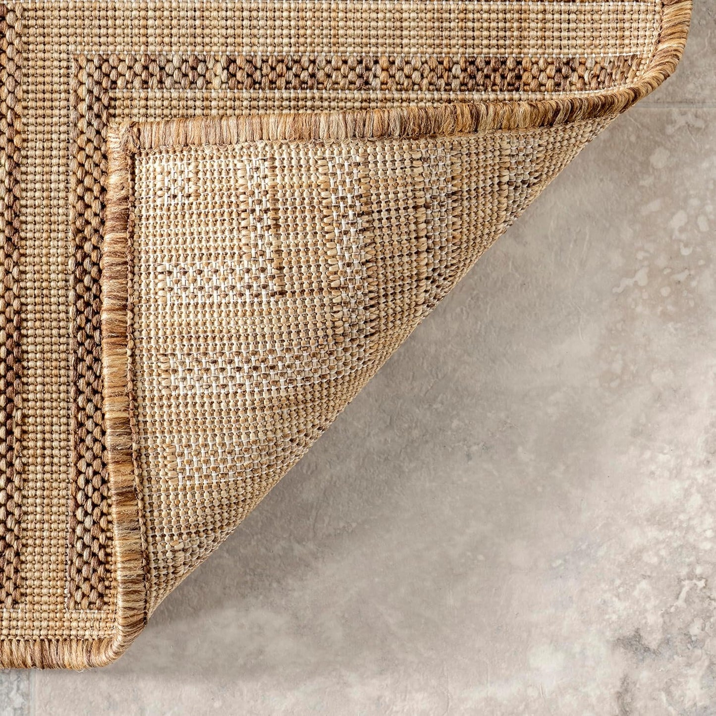 NEW - nuLOOM 10' x 12' Outdoor Area Rug, Casual Design With Striped Border, Stain Resistant, Highly Durable, For Patio, Balcony, Bedroom, Living Room, Dining Room, Bathroom, Light Brown