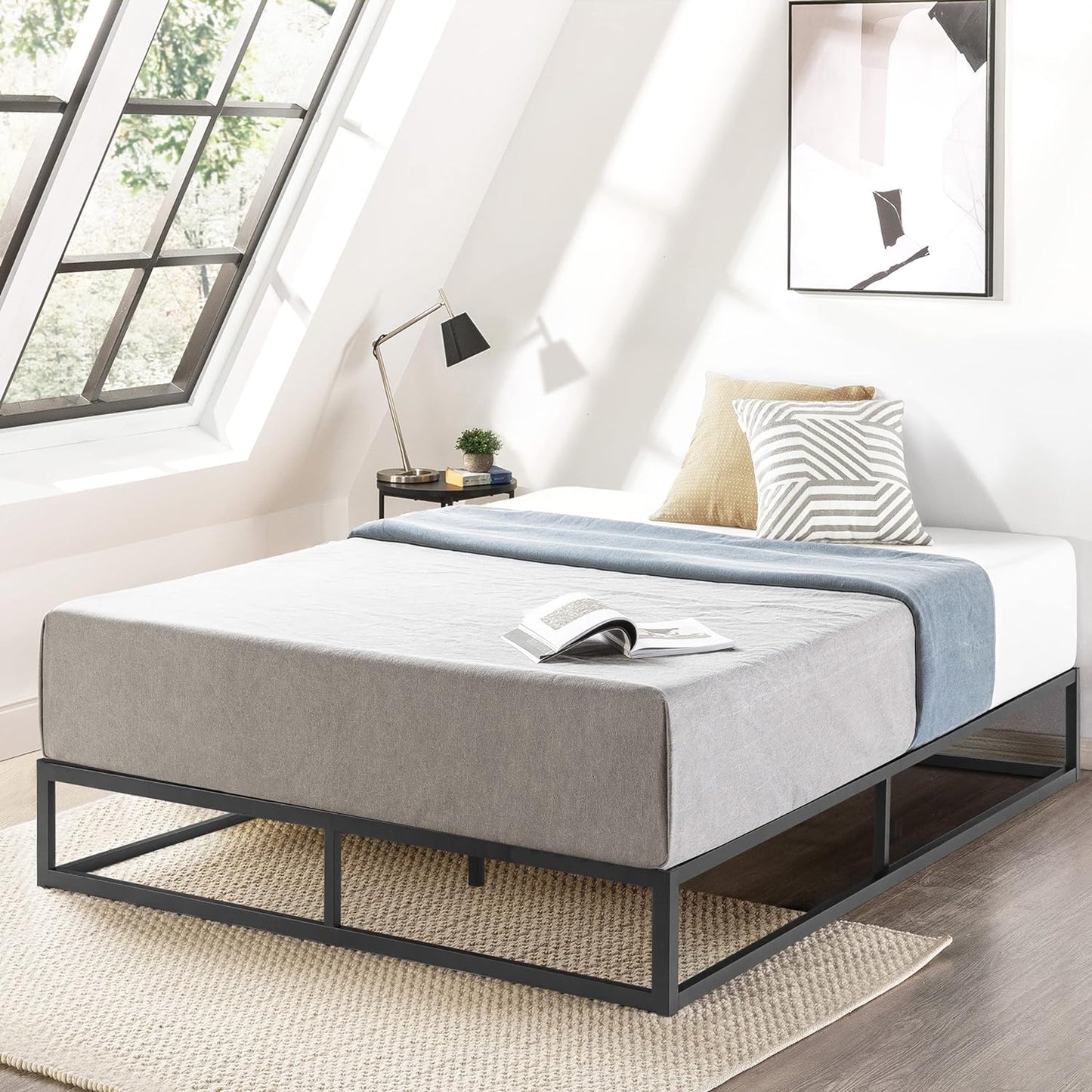 NEW - Mellow Modernista QUEEN Bedframe, Low Profile 10 Inch Metal Platform Bed Frame with Classic Wooden Slat Support Mattress Foundation (No Box Spring Needed), Black - Retail $149