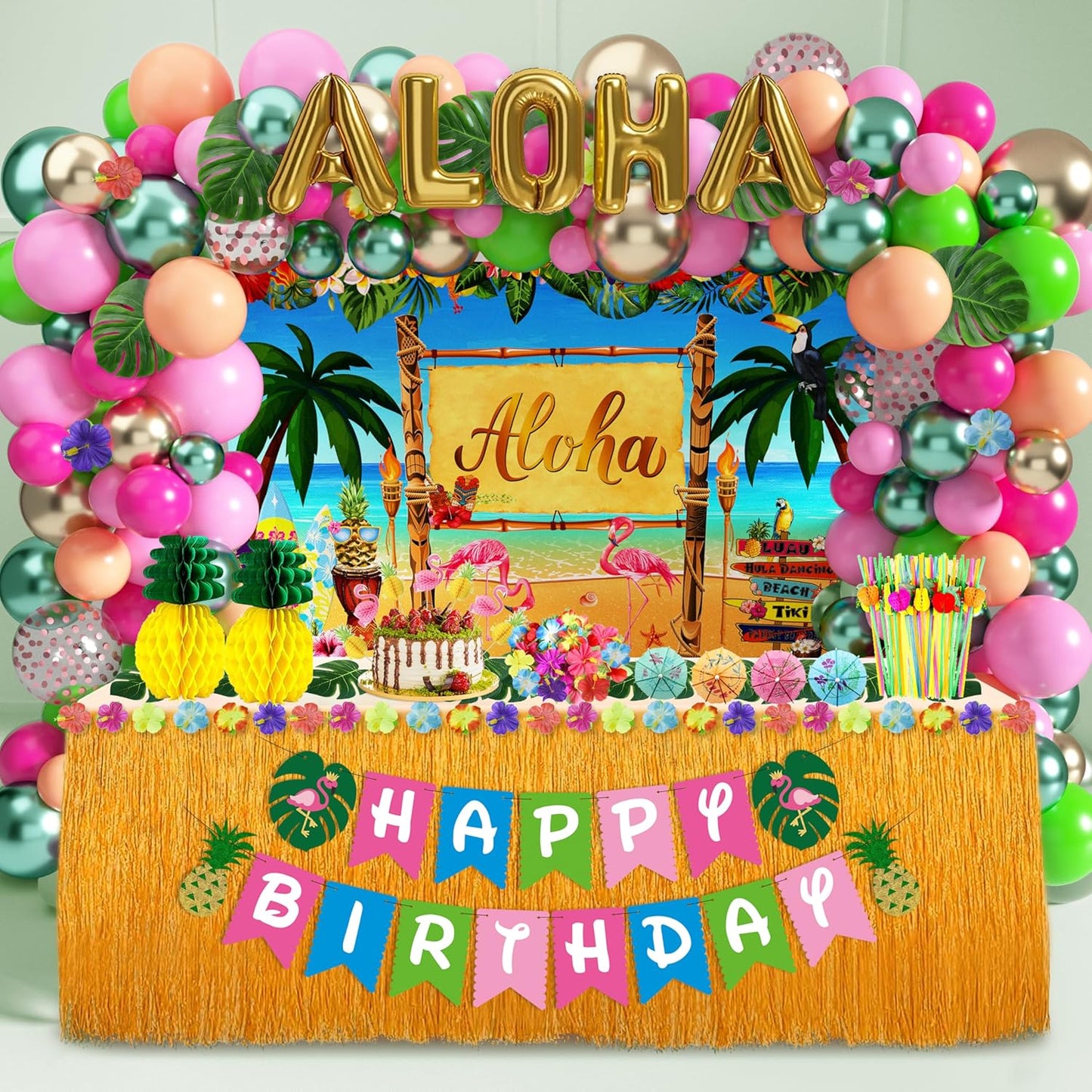Luau Birthday Party Decorations Hawaiian Party Decorations 169 Pcs Tropical Aloha Party Supplies for Summer Beach Holiday Including Balloon Arch Kit Backdrop Table Skirt Banner Cake Toppers Straws